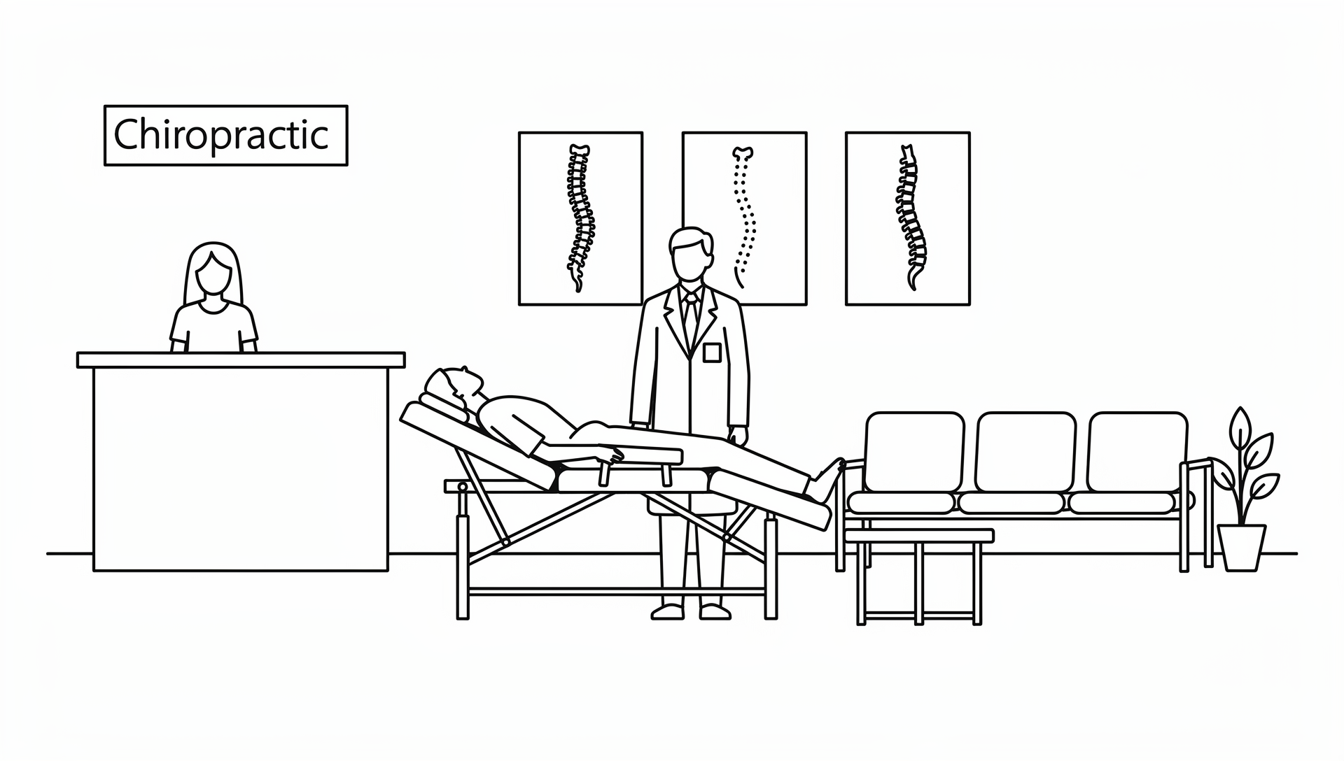 A chiropractic office; patient on a table, doctor standing, receptionist behind a desk, and spinal charts on the wall.