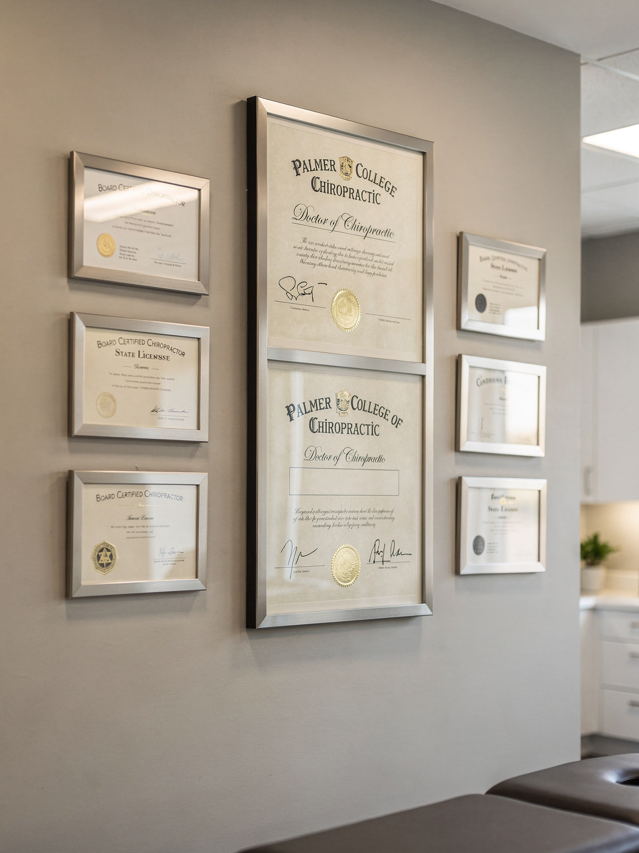 Wall of framed diplomas, including two Palmer College of Chiropractic certificates, in a light gray setting.