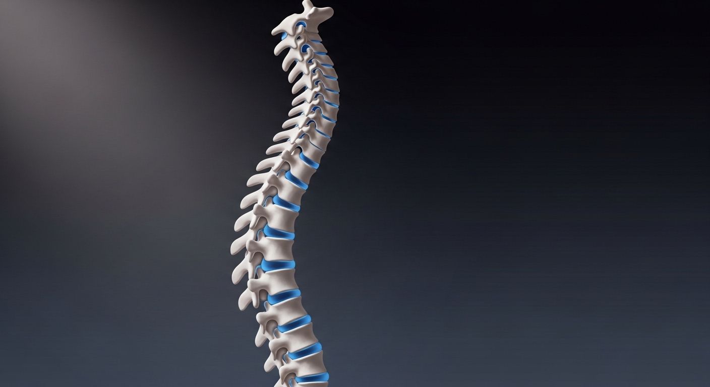Anatomical model of a human spine against a dark background, showing vertebrae and blue discs.