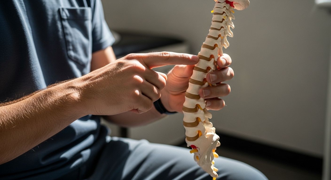 Person in blue scrubs points to vertebrae on a spinal model, indoors.