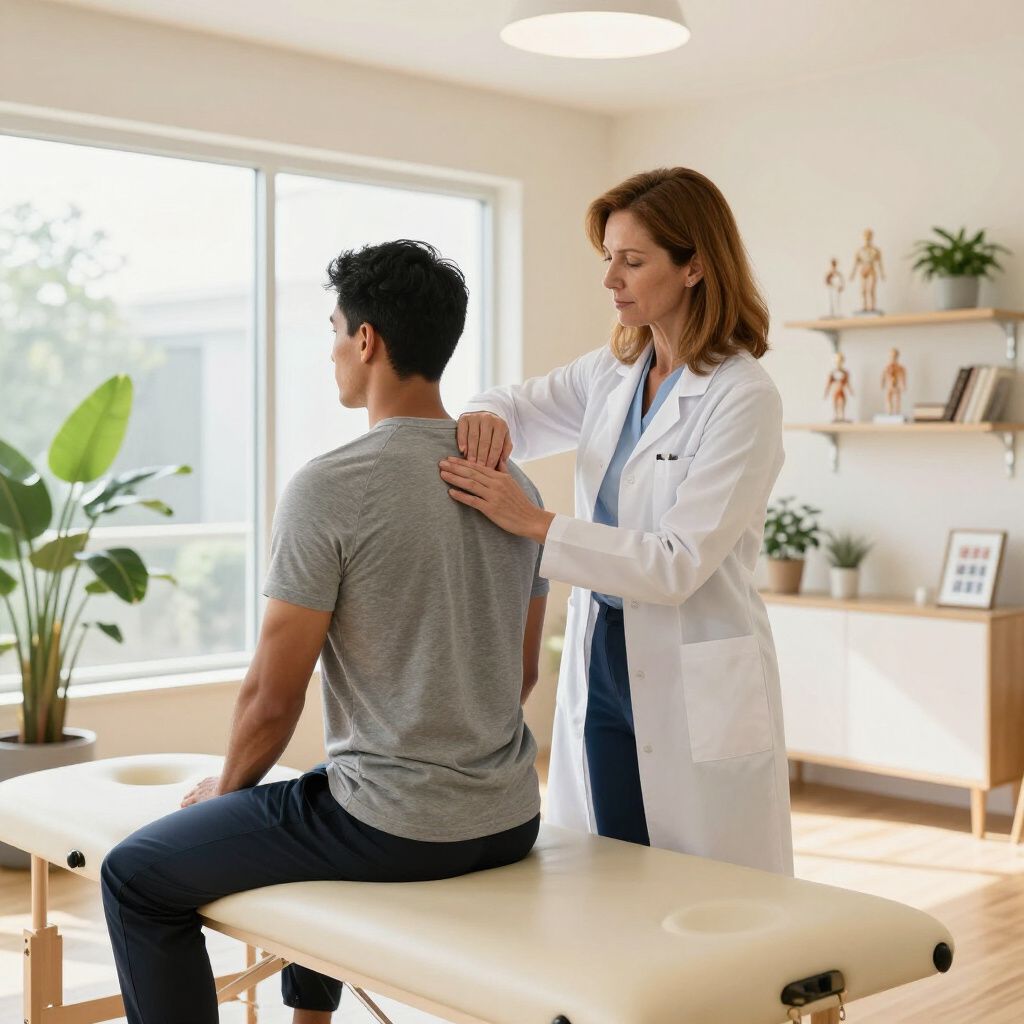 A healthcare provider examines a patient's back in a light-filled room; medical setting.