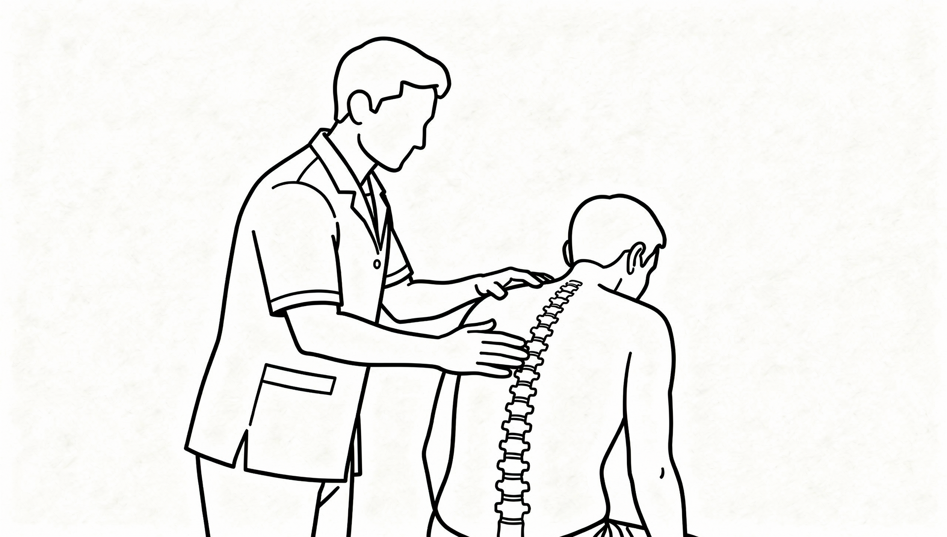 Doctor examining a patient's spine, hands on the patient's back.
