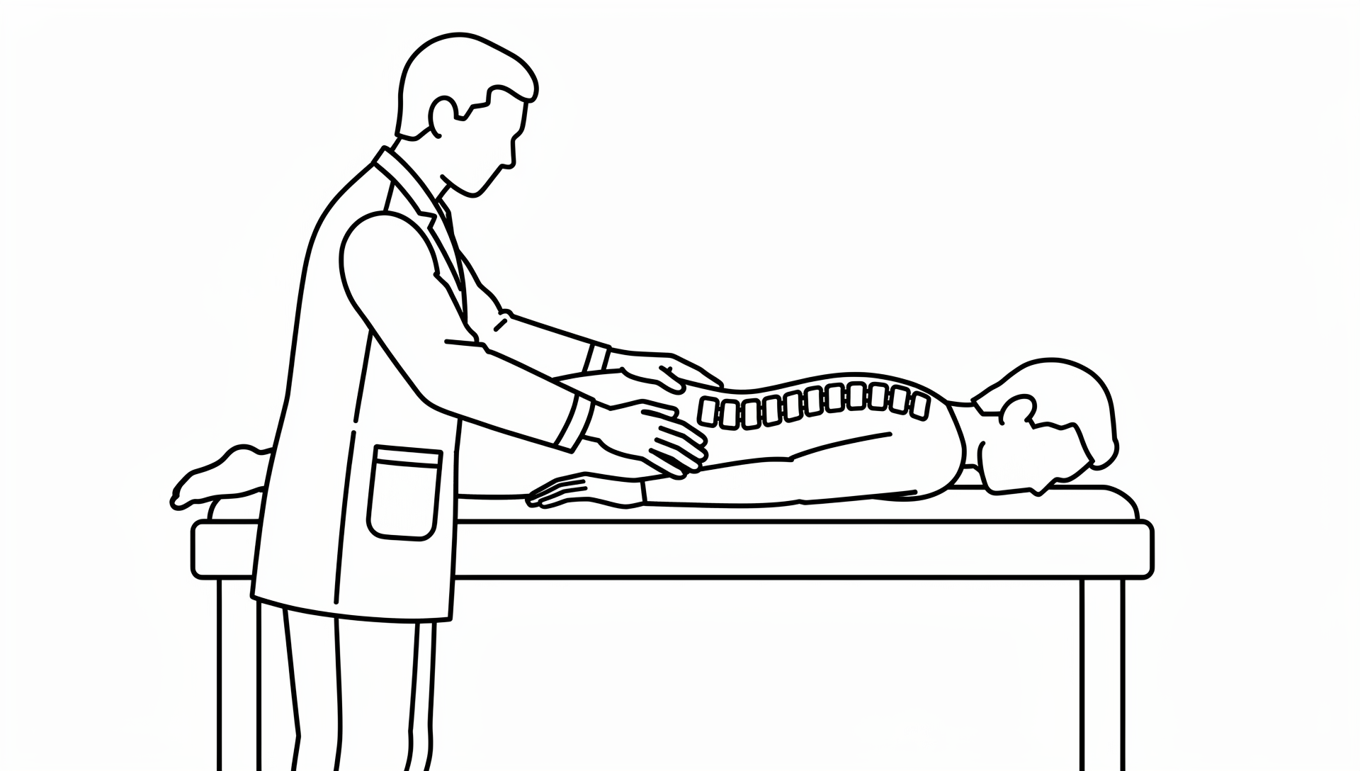 Doctor examining patient's back on a table, possibly checking spine alignment.