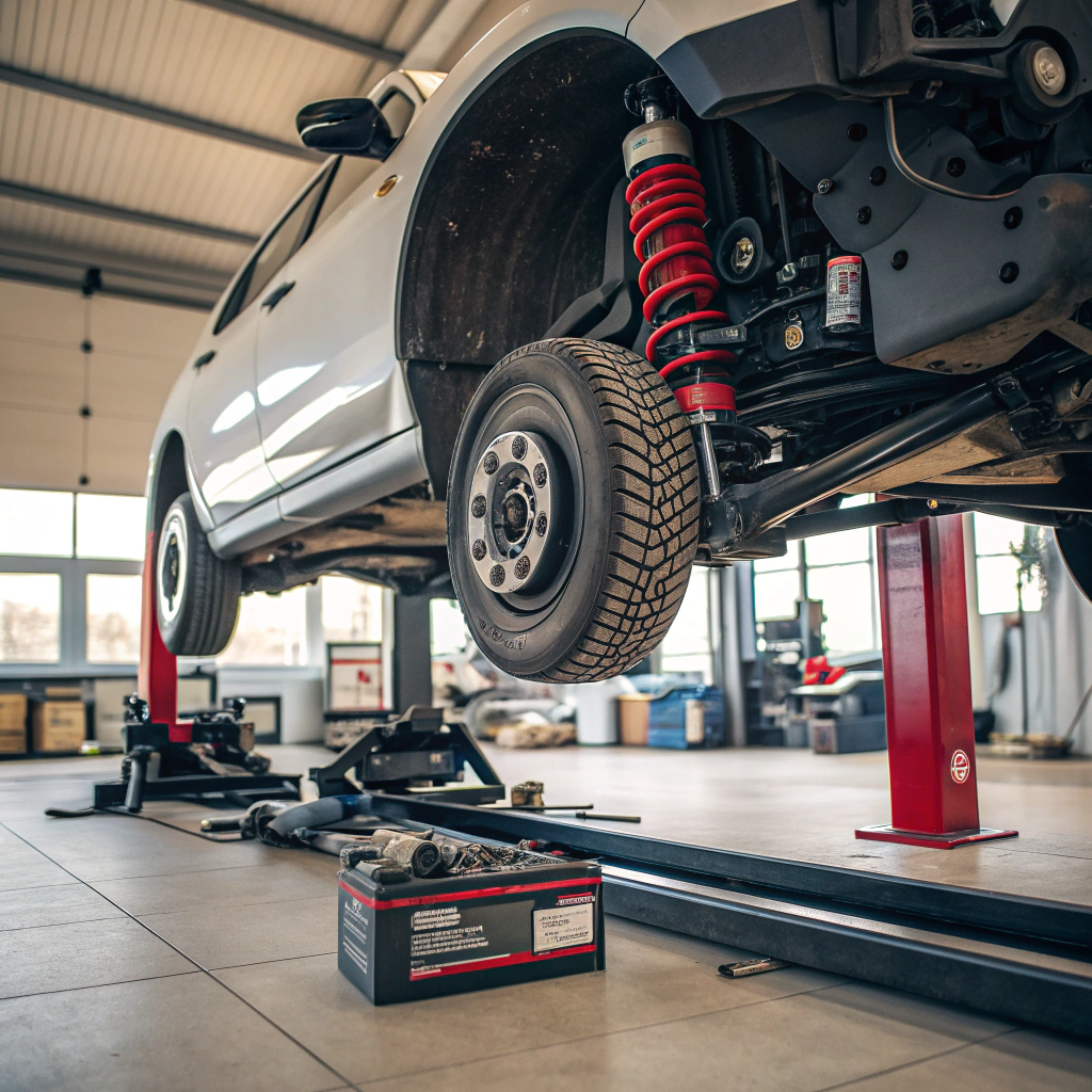 Car raised on a lift in a repair shop; front wheel removed, red shock absorber visible.