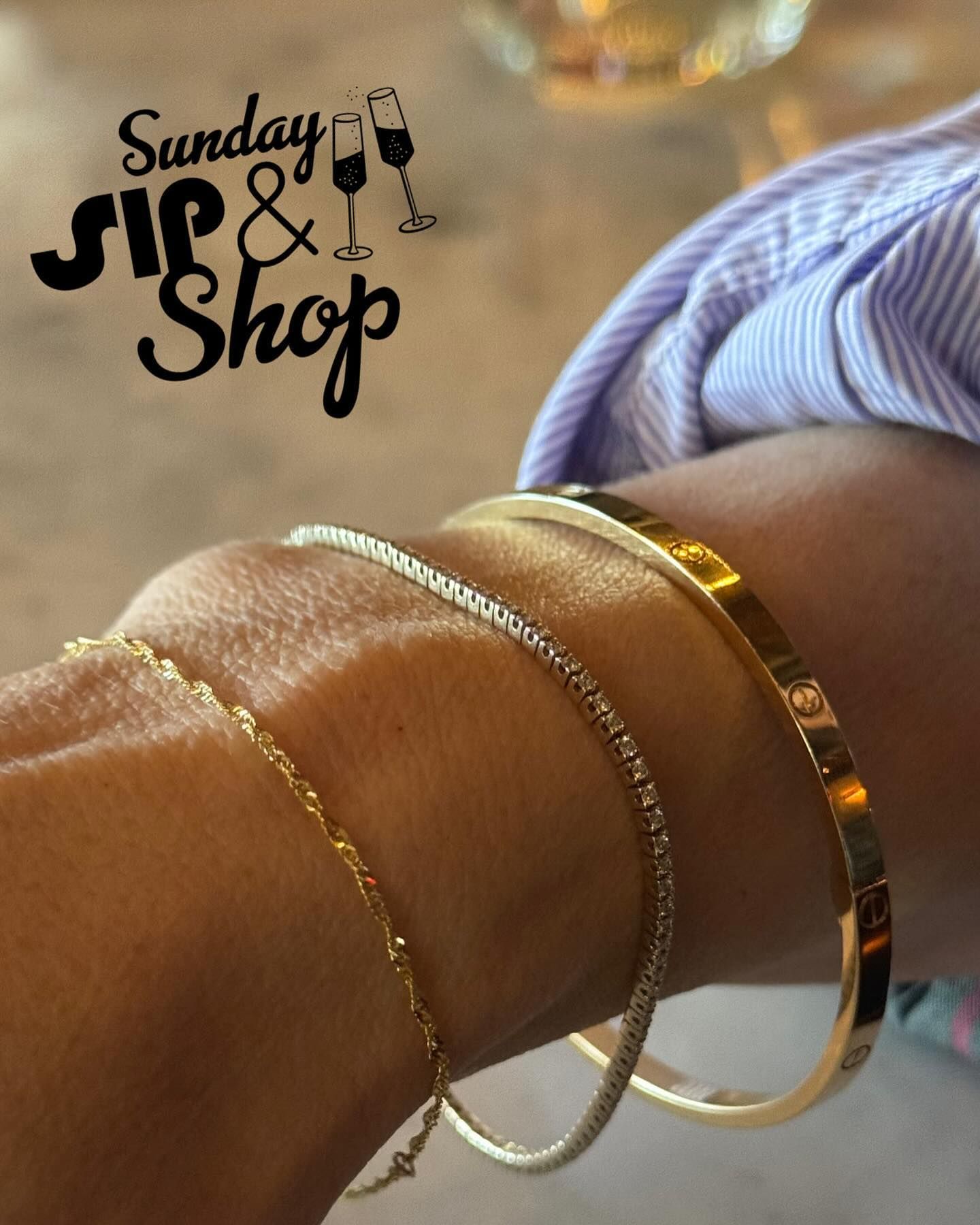 A person wearing a sunday sip & shop bracelet on their wrist