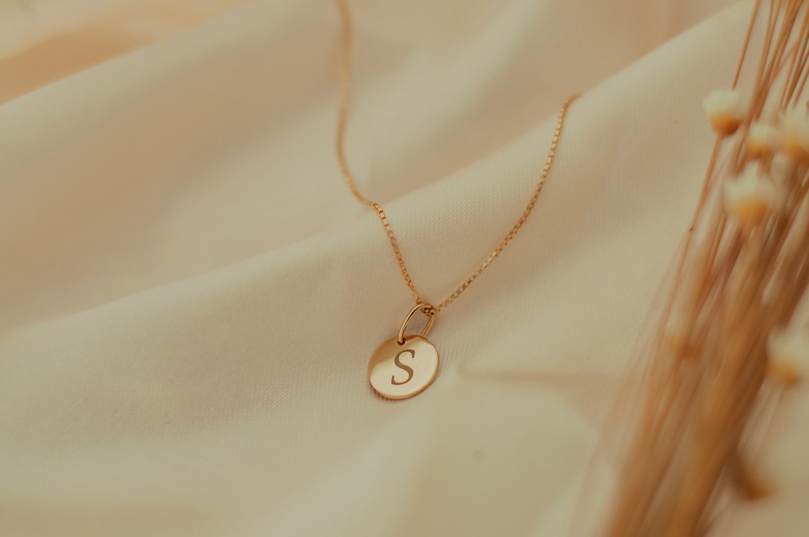 A close up of a necklace with a letter s on it.