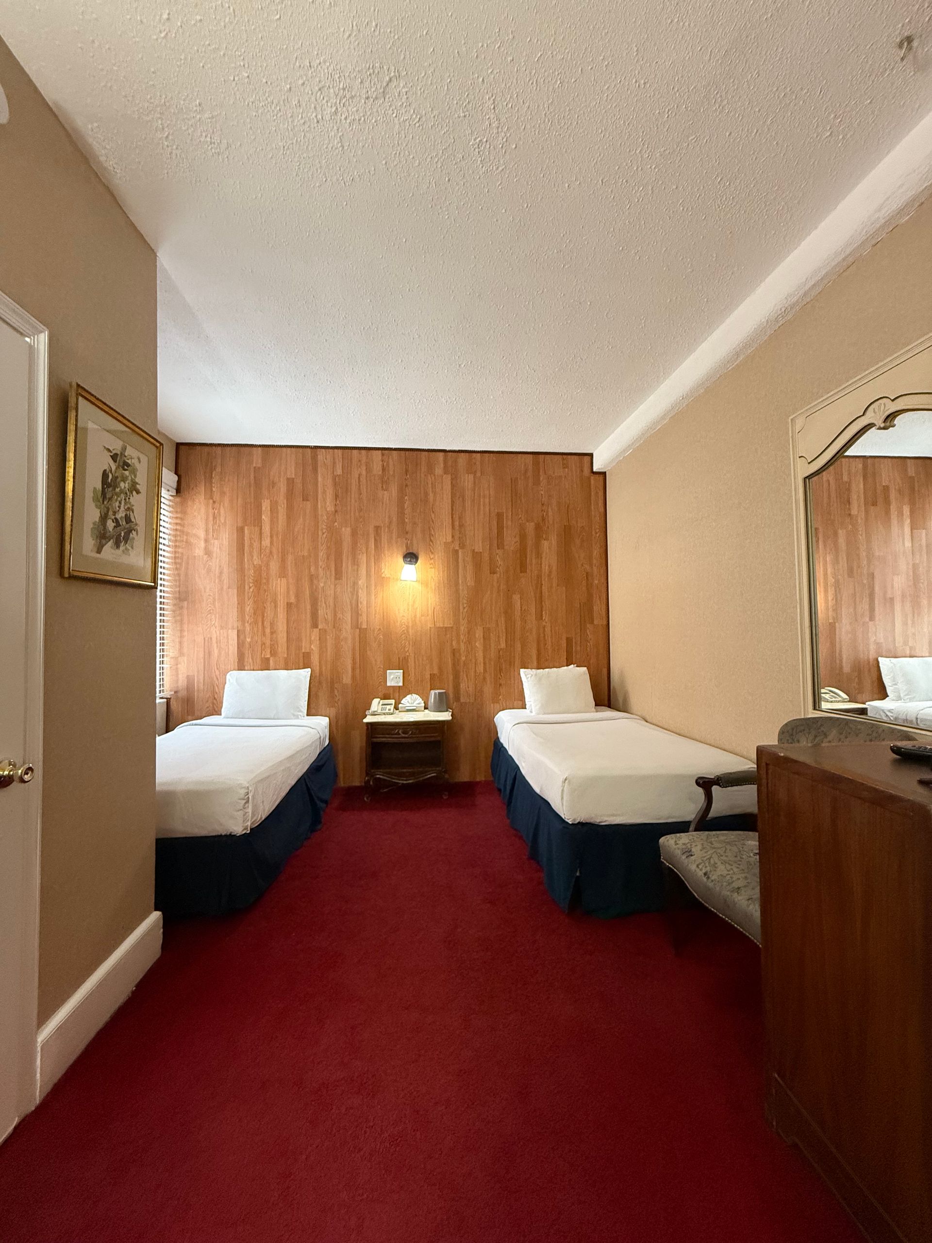 Two twin beds in a hotel room with red carpet and wood paneling on the back wall.
