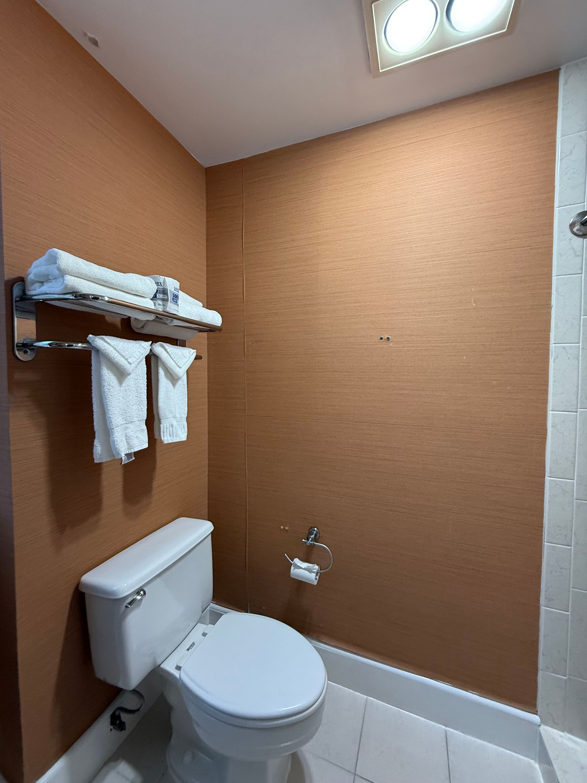 Bathroom with white toilet, towels on rack, brown walls, and shower.