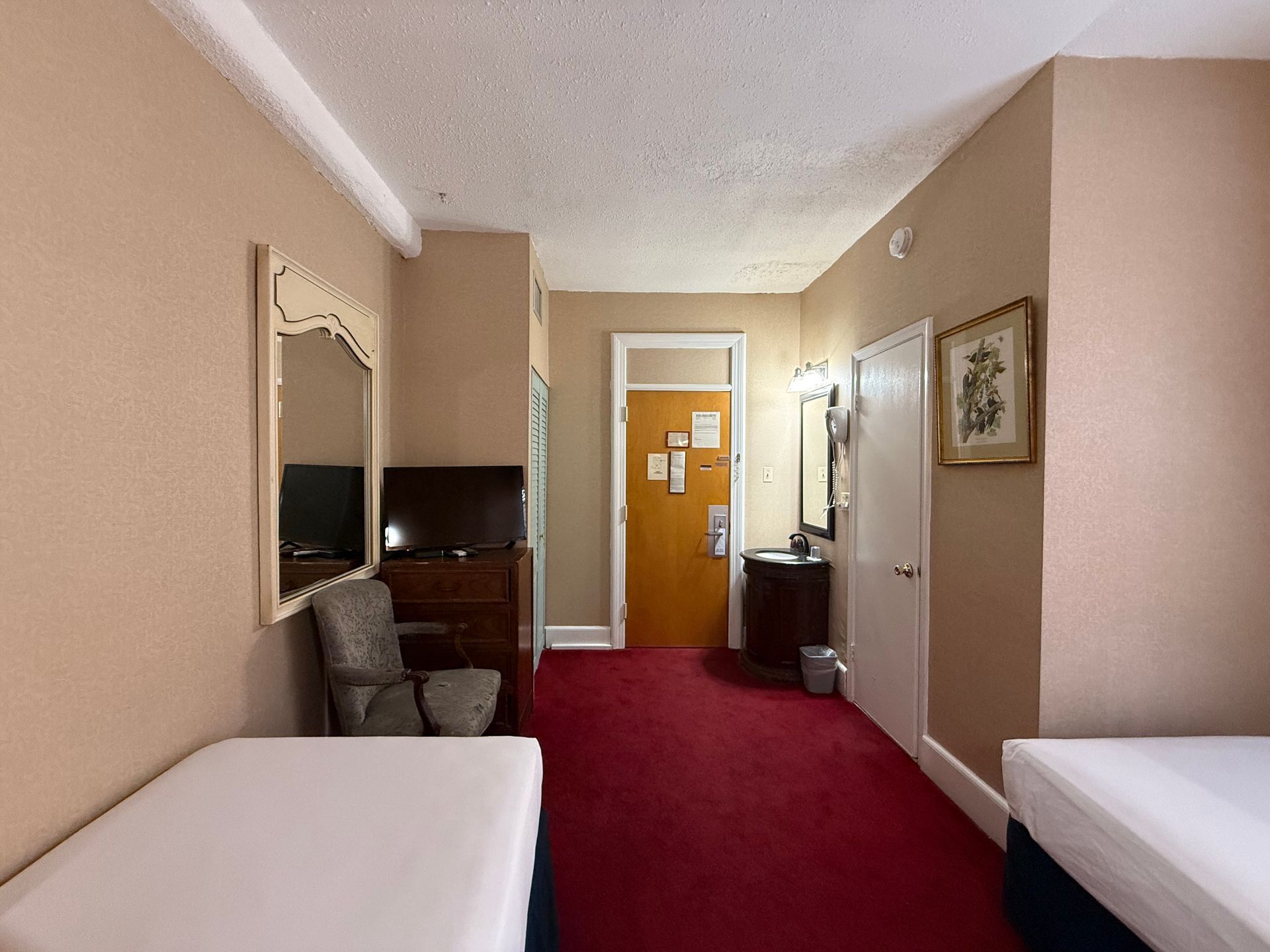 Hotel room with two beds, red carpet, television, and entry door.