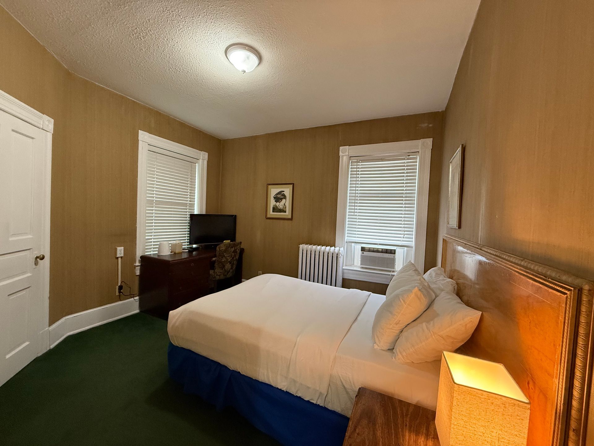 Hotel room with a bed, desk, TV, windows, and green carpet.