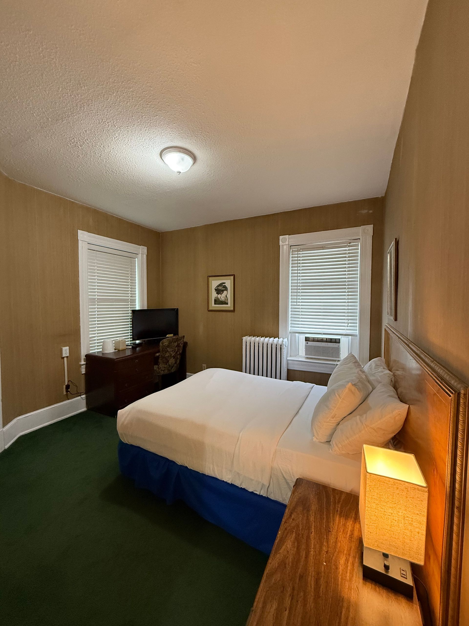 Hotel room with a bed, desk, and two windows. Green carpet, brown walls, and a glowing lamp.