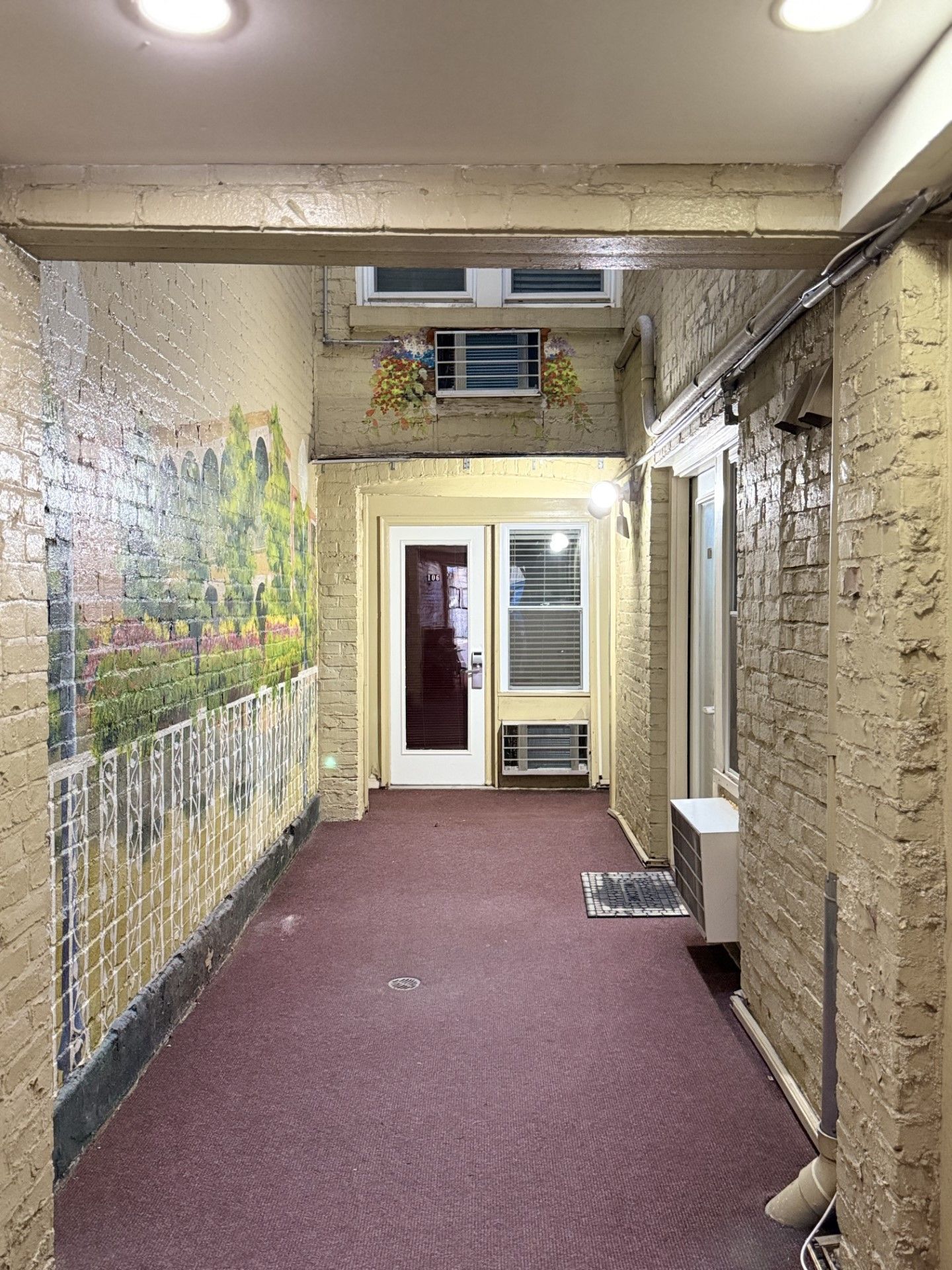 Narrow hallway with painted brick walls, artwork, and door at the end. Red carpeted floor.