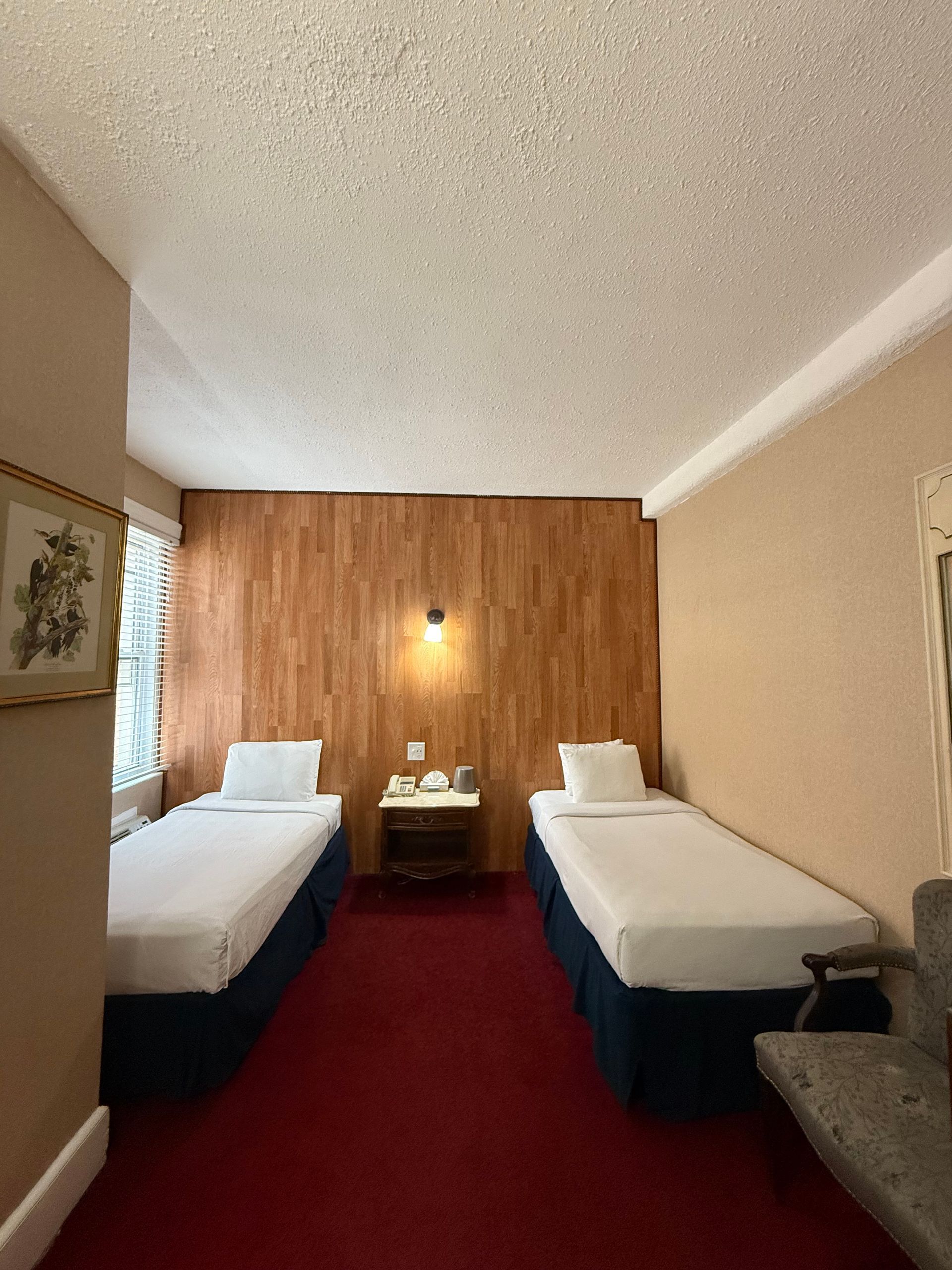 Hotel room with two twin beds, red carpet, and wood-paneled wall.