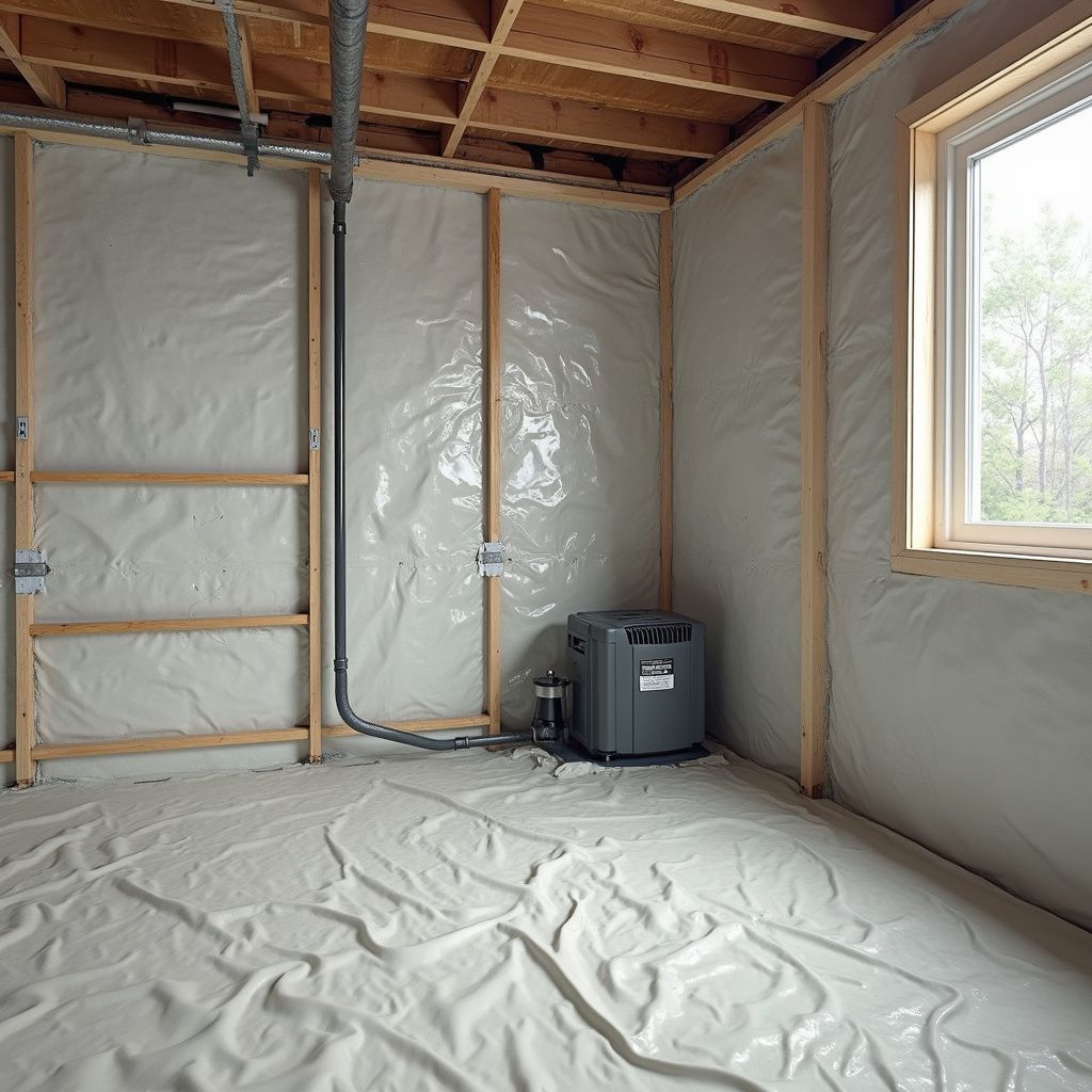 Basement with vapor barrier on walls and floor. Window to the right, utility equipment in the middle.