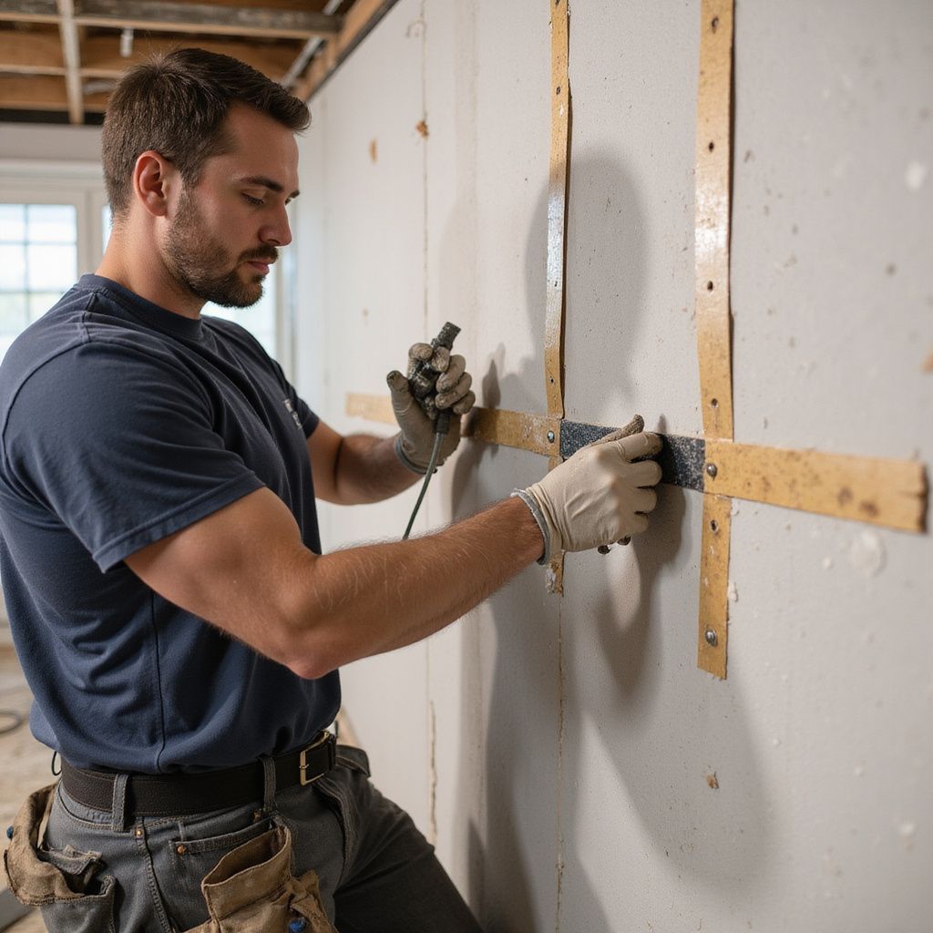 Construction worker in a yellow hard hat examines a wall with a device, indoors.