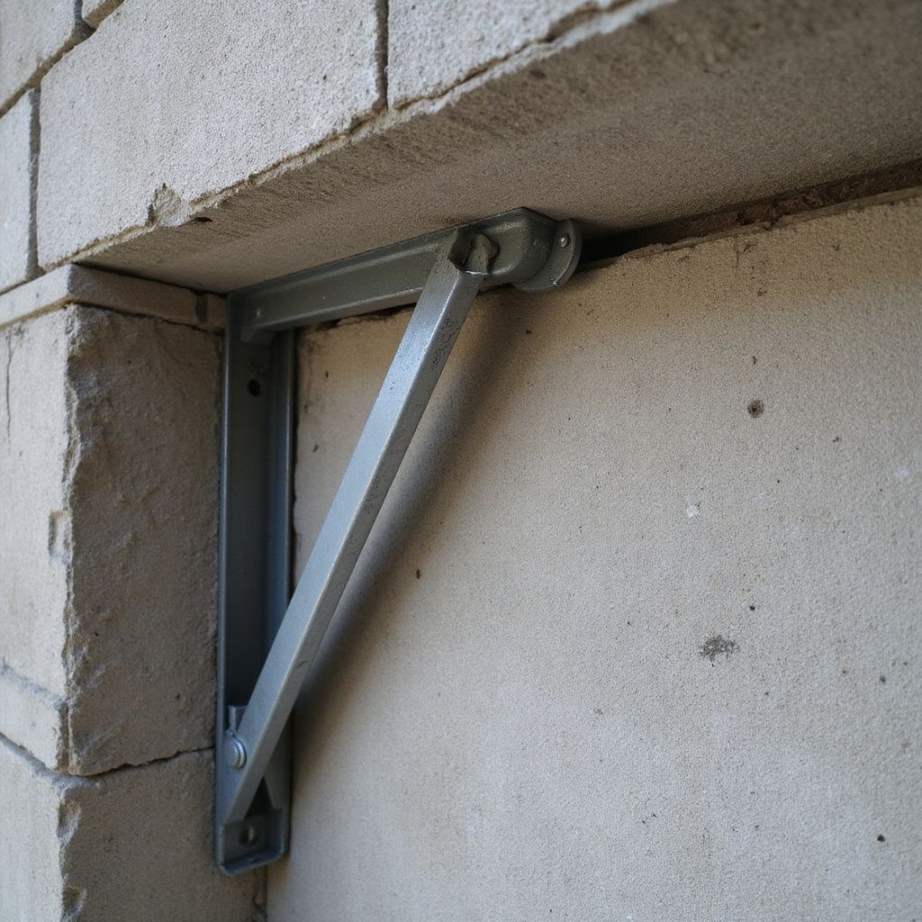 Gray metal bracket supporting a concrete ledge, attached to a block wall.