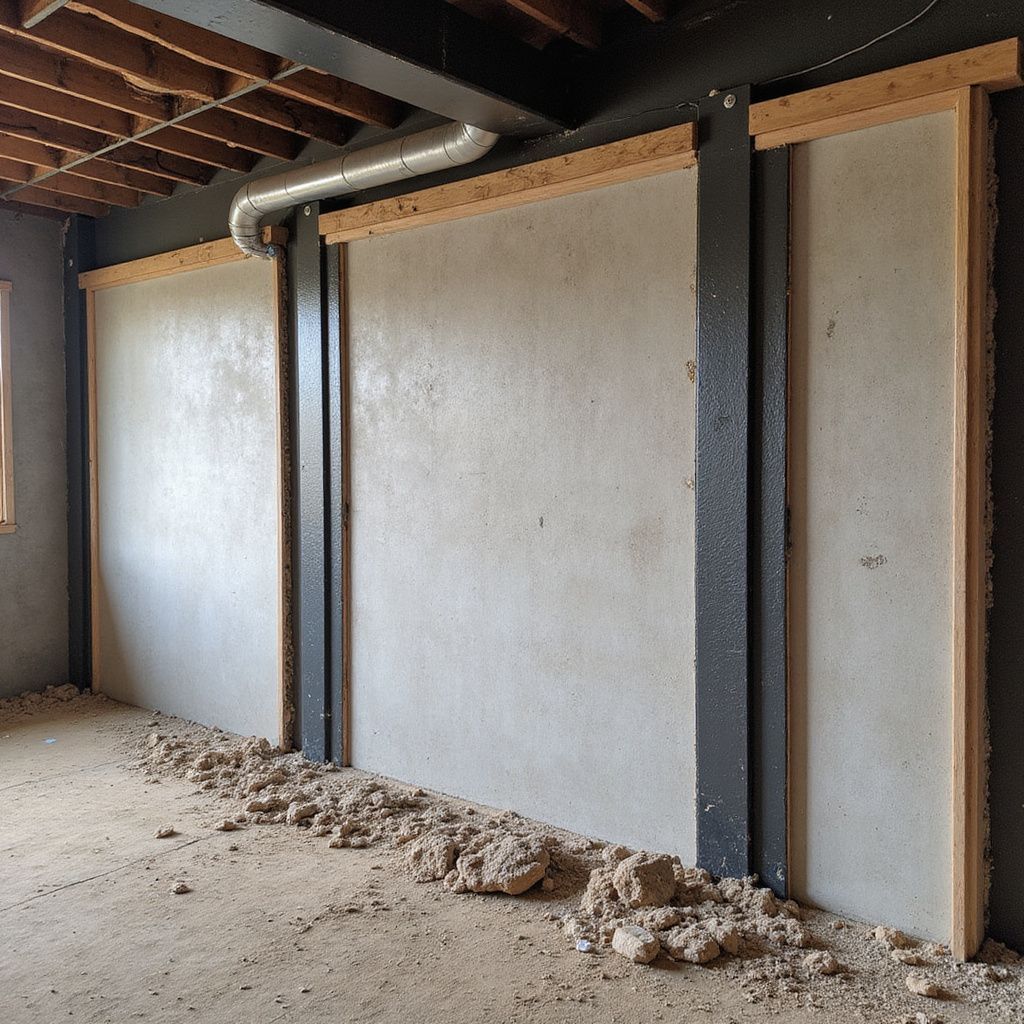 Interior view of unfinished walls; concrete with wood frames and metal beams. Dirt and rocks on floor.