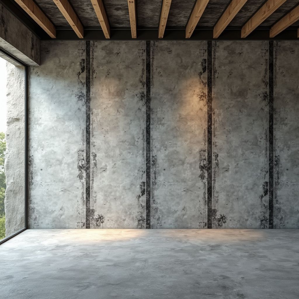 Empty industrial room with concrete walls, exposed wooden beams, and a large window.