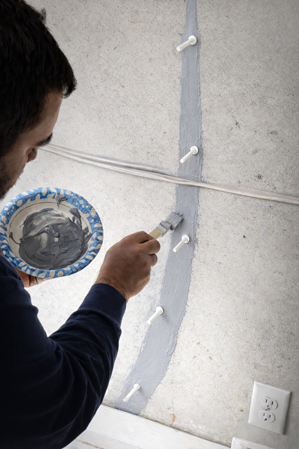 Concrete foundation wall with a large vertical crack and debris at the base.