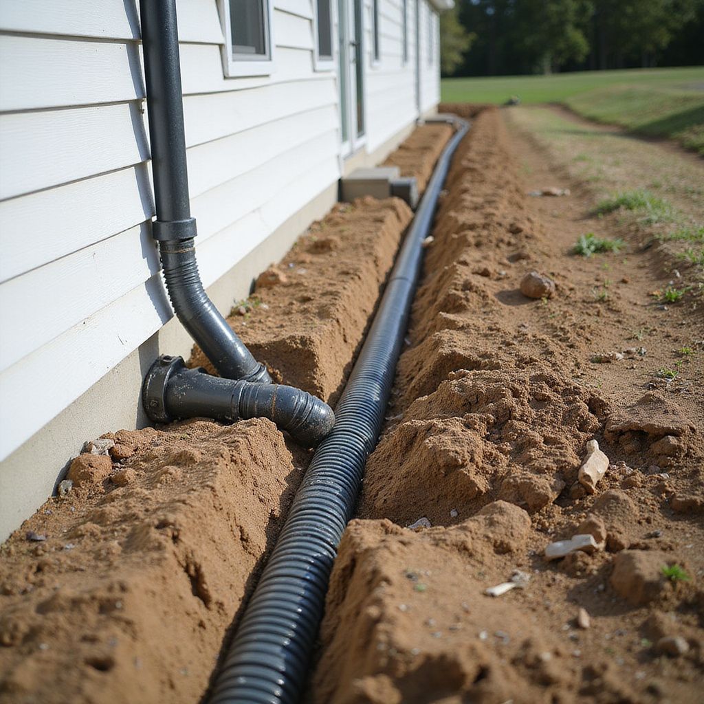 Drainage pipe installation next to a house; black corrugated pipe in a trench, connected to a downspout.