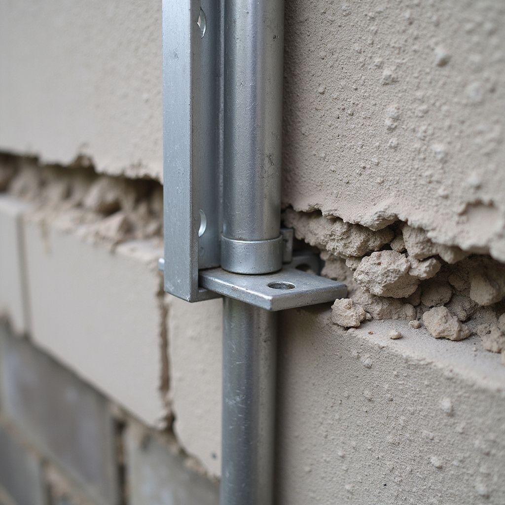 Metal pipe attached to a brick wall with brackets. Close-up shows detail of the materials and installation.