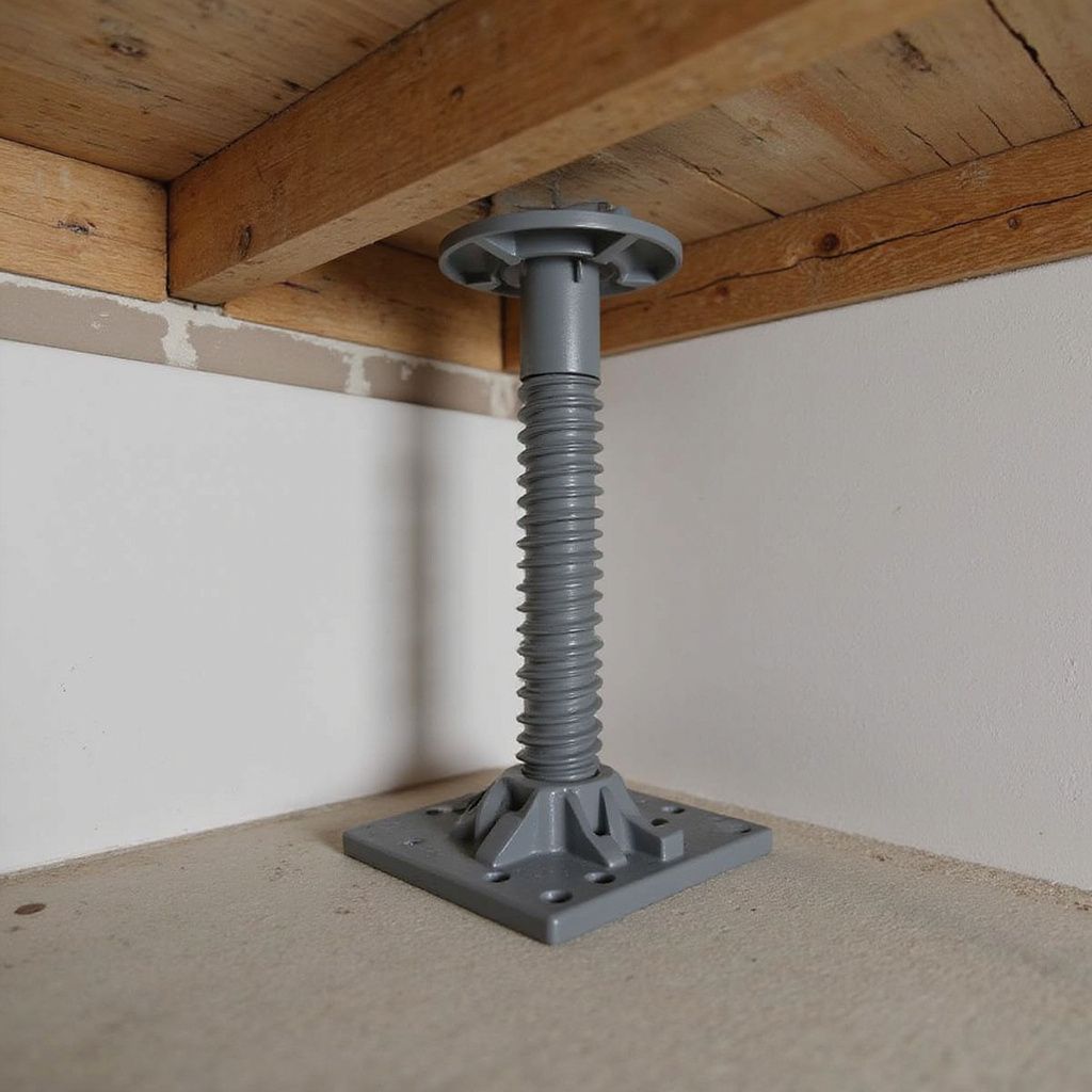Gray adjustable support jack under a wooden beam in a corner.