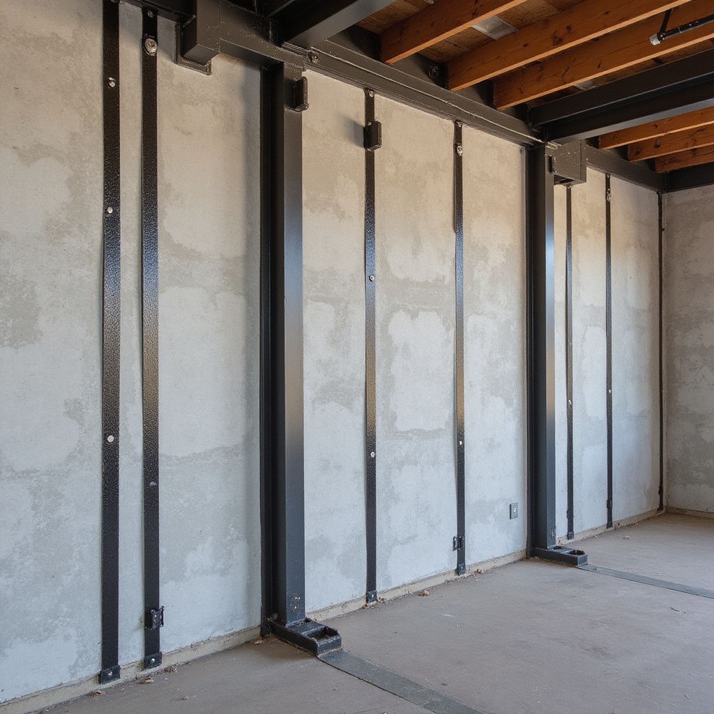 Interior view of unfinished concrete wall with black metal support beams.