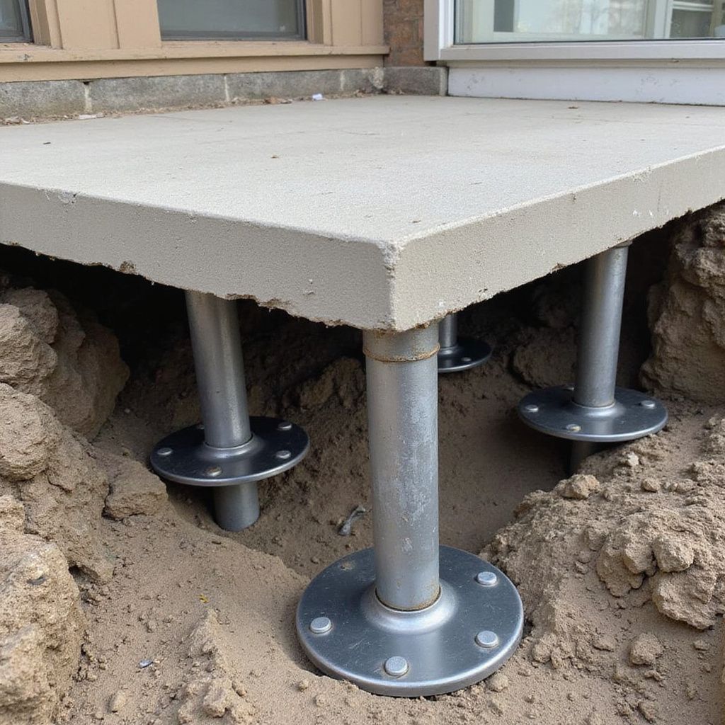 Concrete patio supported by steel piers in dirt.