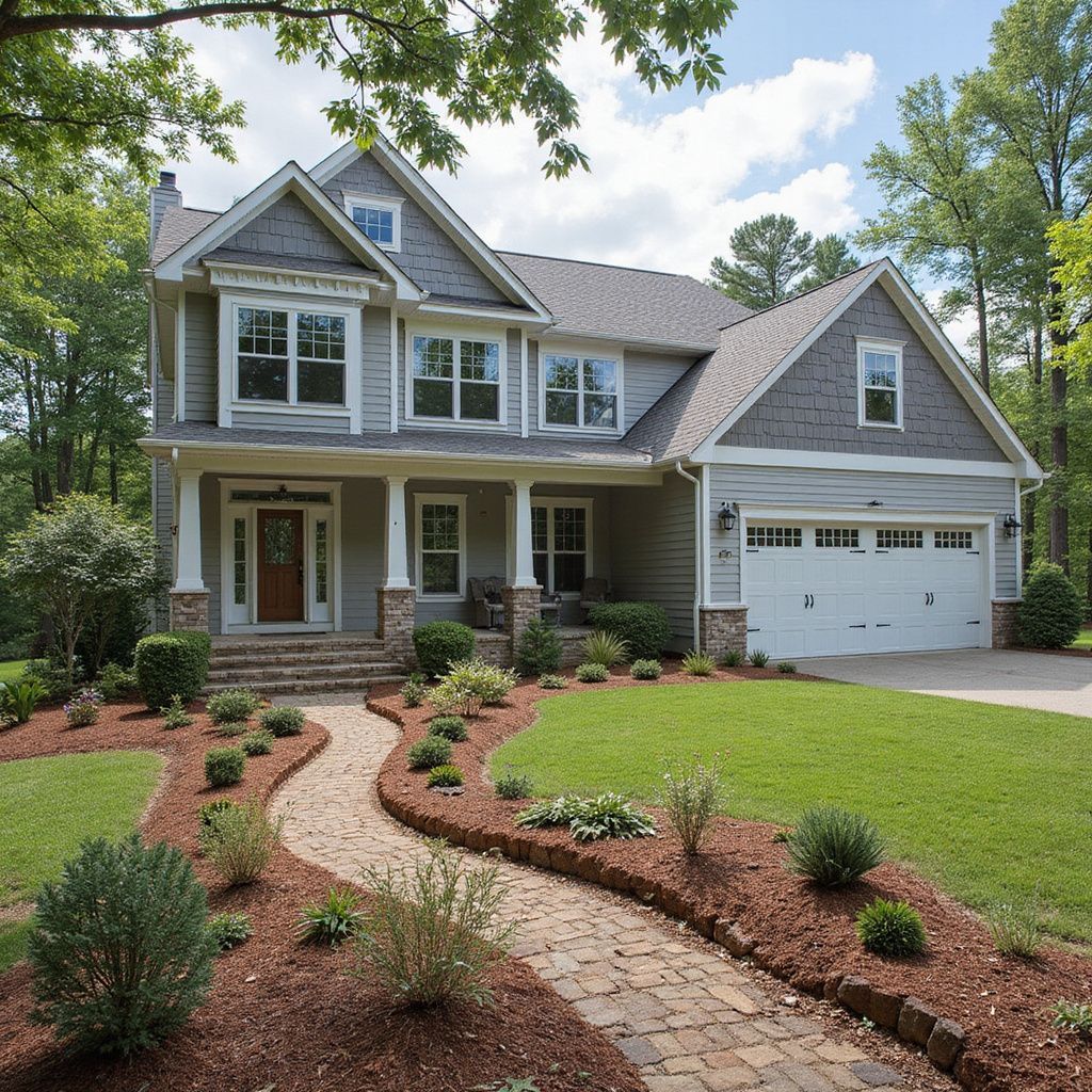 Two-story gray house with stone walkway, landscaping, and attached garage.