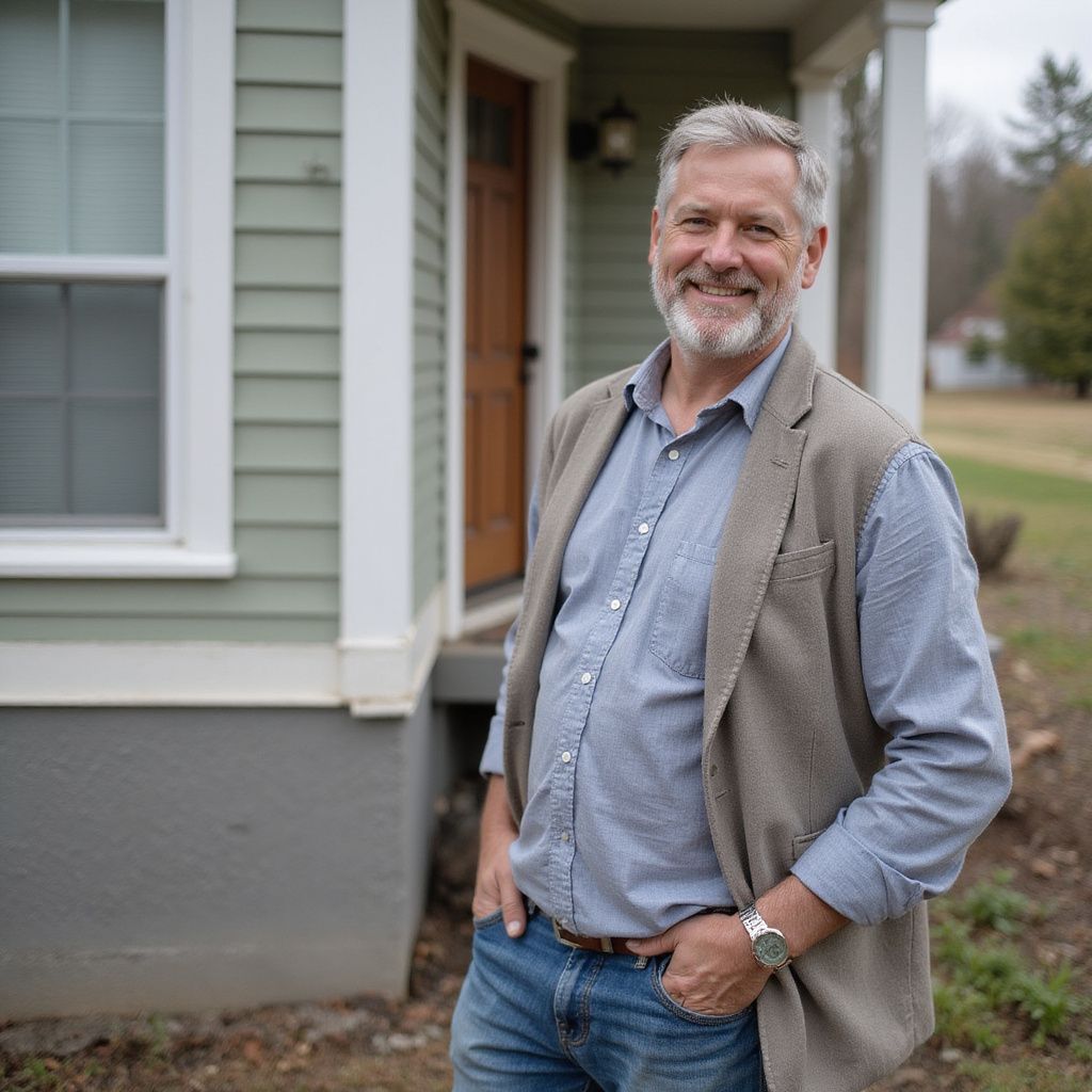 Man in vest and jeans stands near a green house entrance, smiling with hands in pockets.