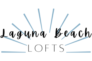 Laguna Beach Lofts logo with black script text and pale blue sunburst lines on a white background