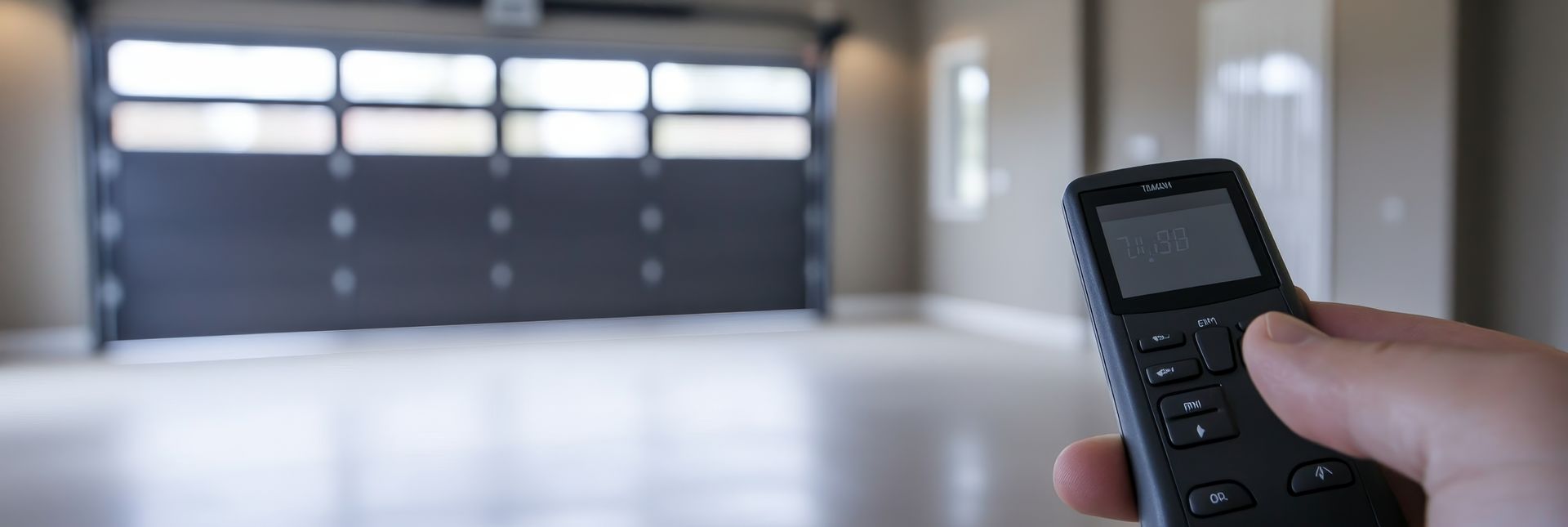 A hand holding a remote control with a modern garage door in the background.