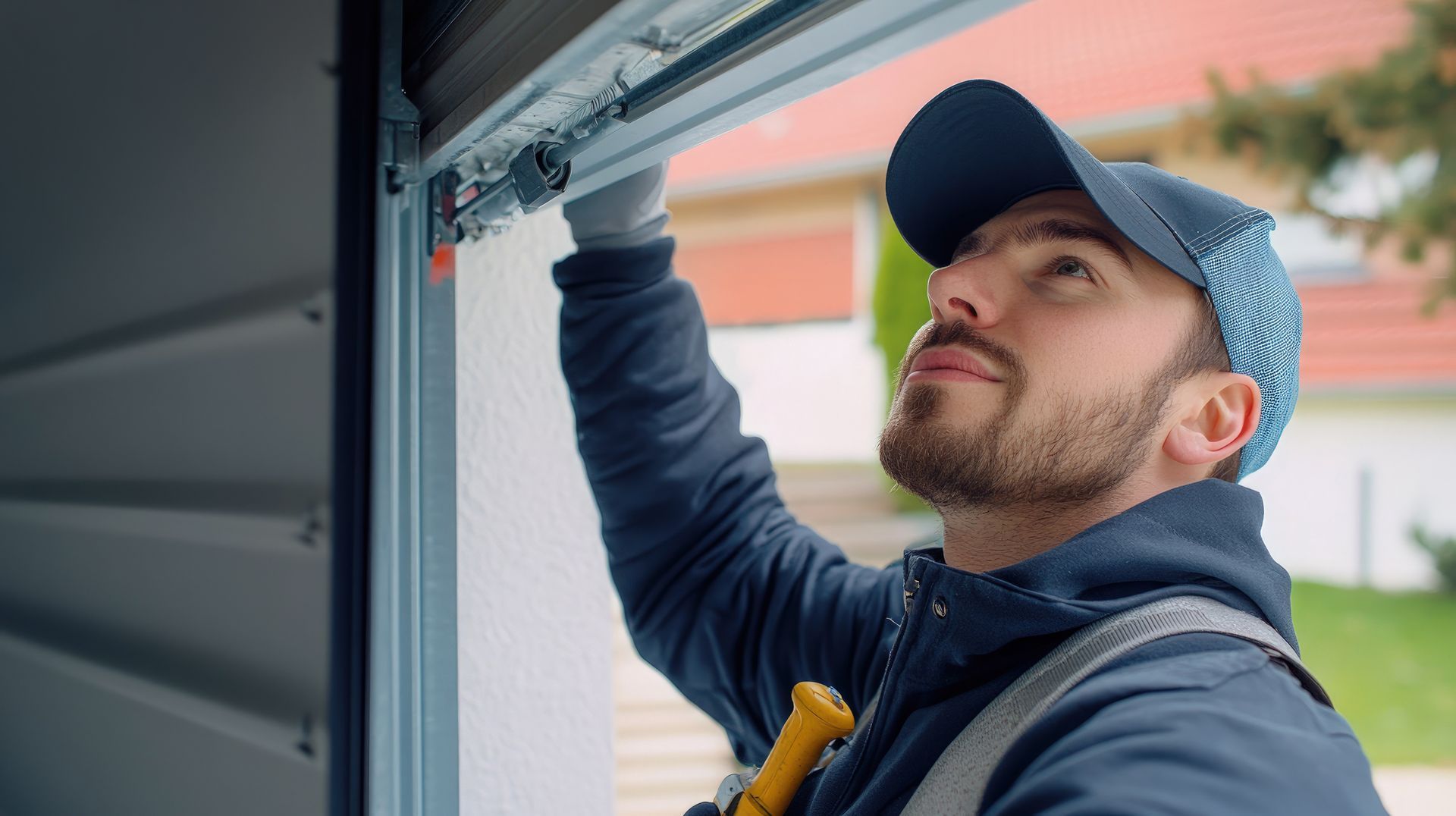 A man engaged in garage door spring repair, troubleshooting issues to restore the door's operation.