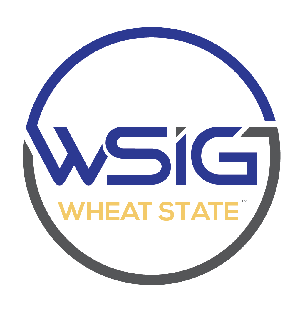 A logo for wsig wheat state in a circle on a white background.