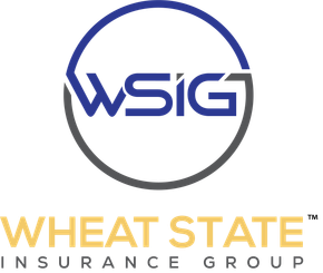 The logo for wheat state insurance group is a blue and gray circle.
