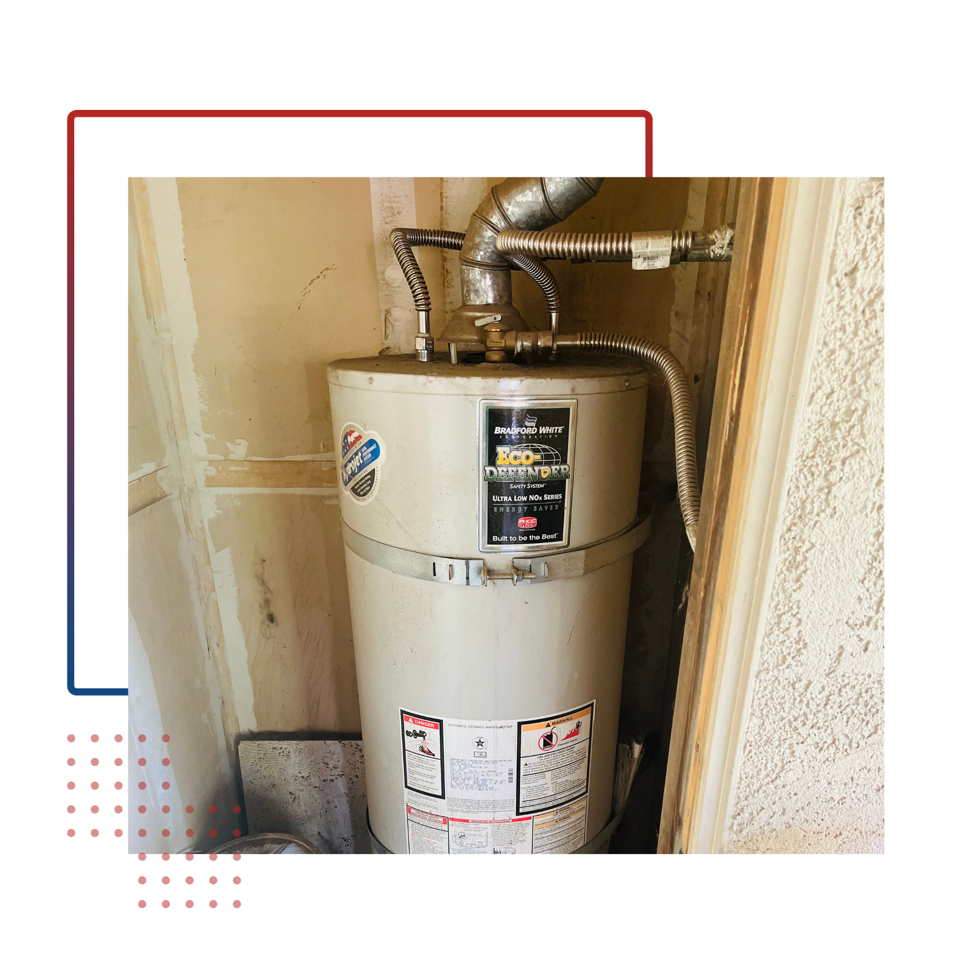 A water heater is sitting in a corner of a room.