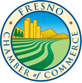 Fresno Chamber of Commerce logo: Circular emblem with text, a city skyline, rolling fields, and mountains, in shades of blue, green, and gold.