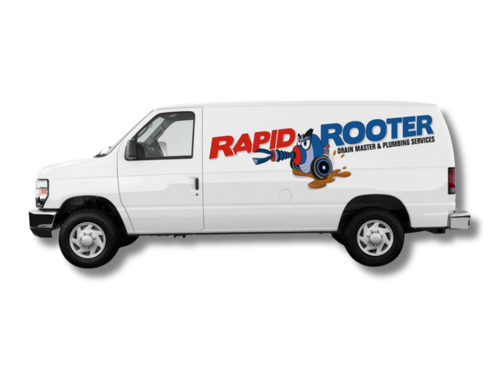 A white van with the words rapid rooter on the side