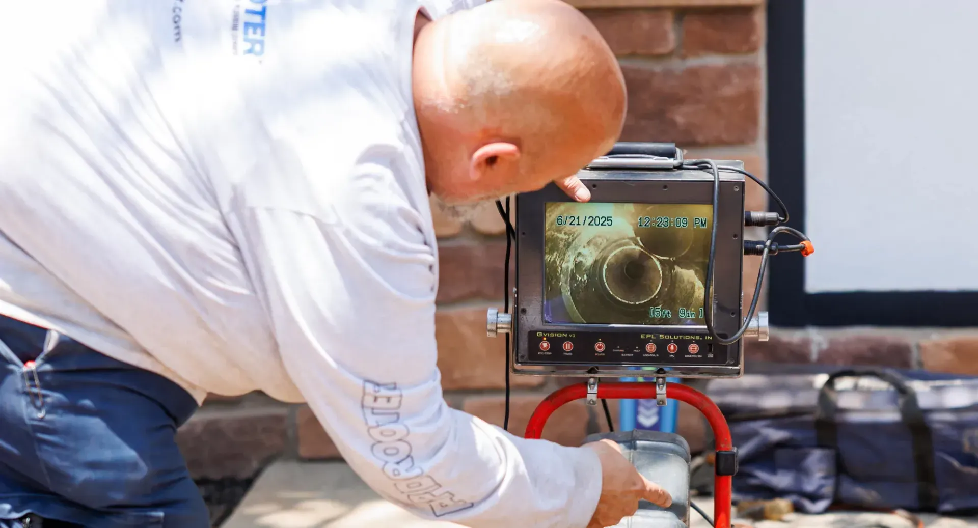 A man is kneeling down in front of a camera.
