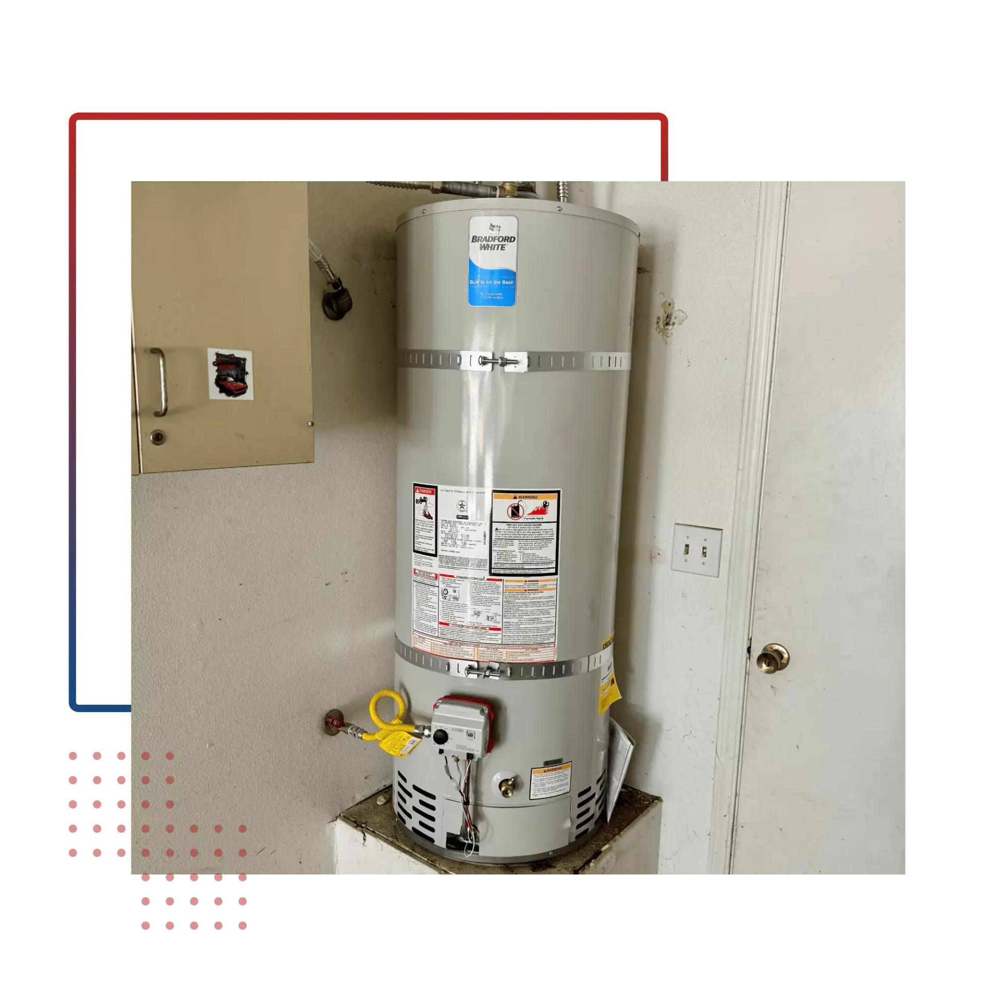 A water heater is sitting on a shelf in a room.