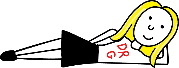 A cartoon of a Dr. G laying on her stomach with a smiley face.