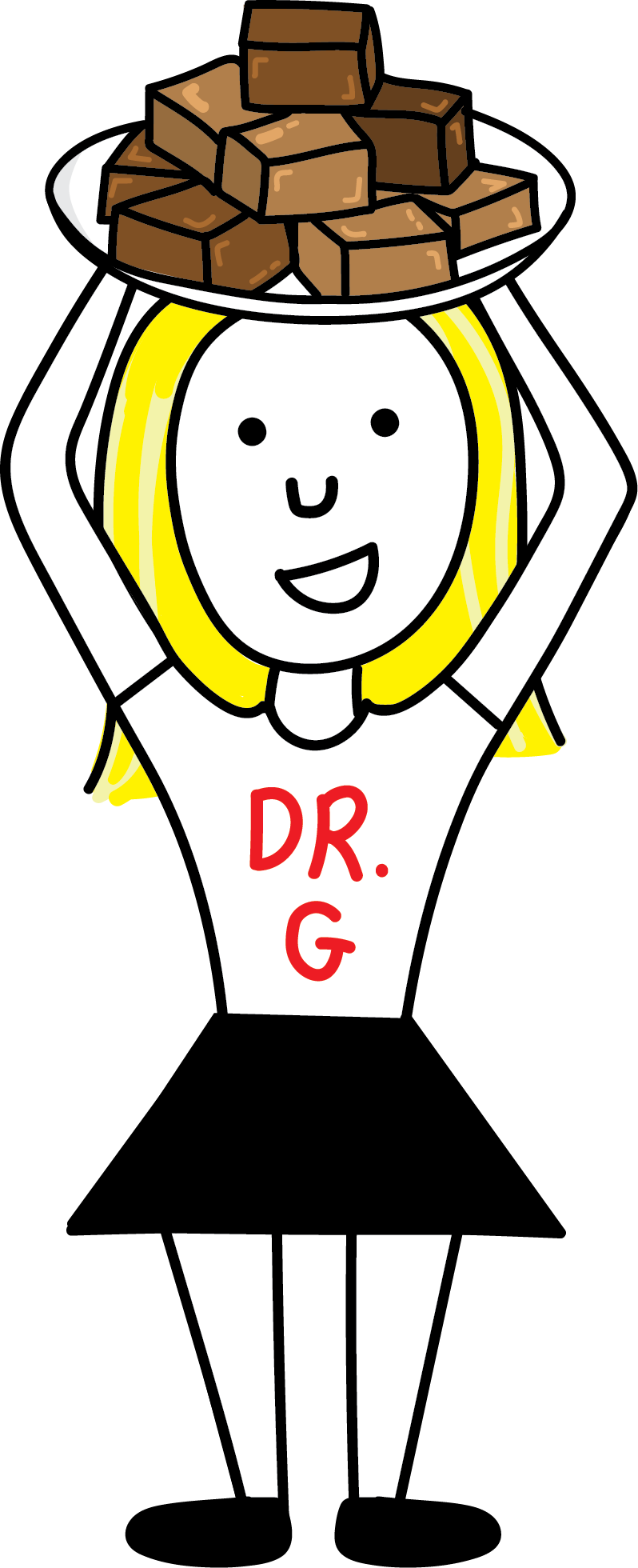 A cartoon of a Dr. G is holding a plate of fudge on her head.