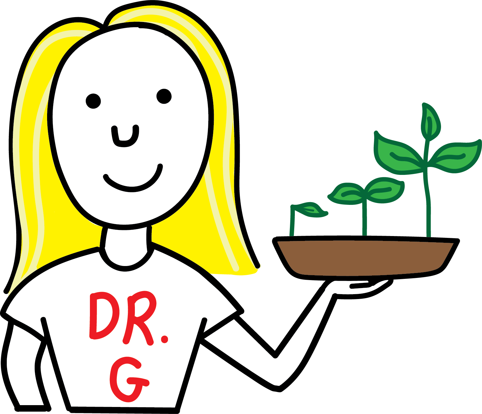 A cartoon of a Dr. G is holding a potted plant in her hand.