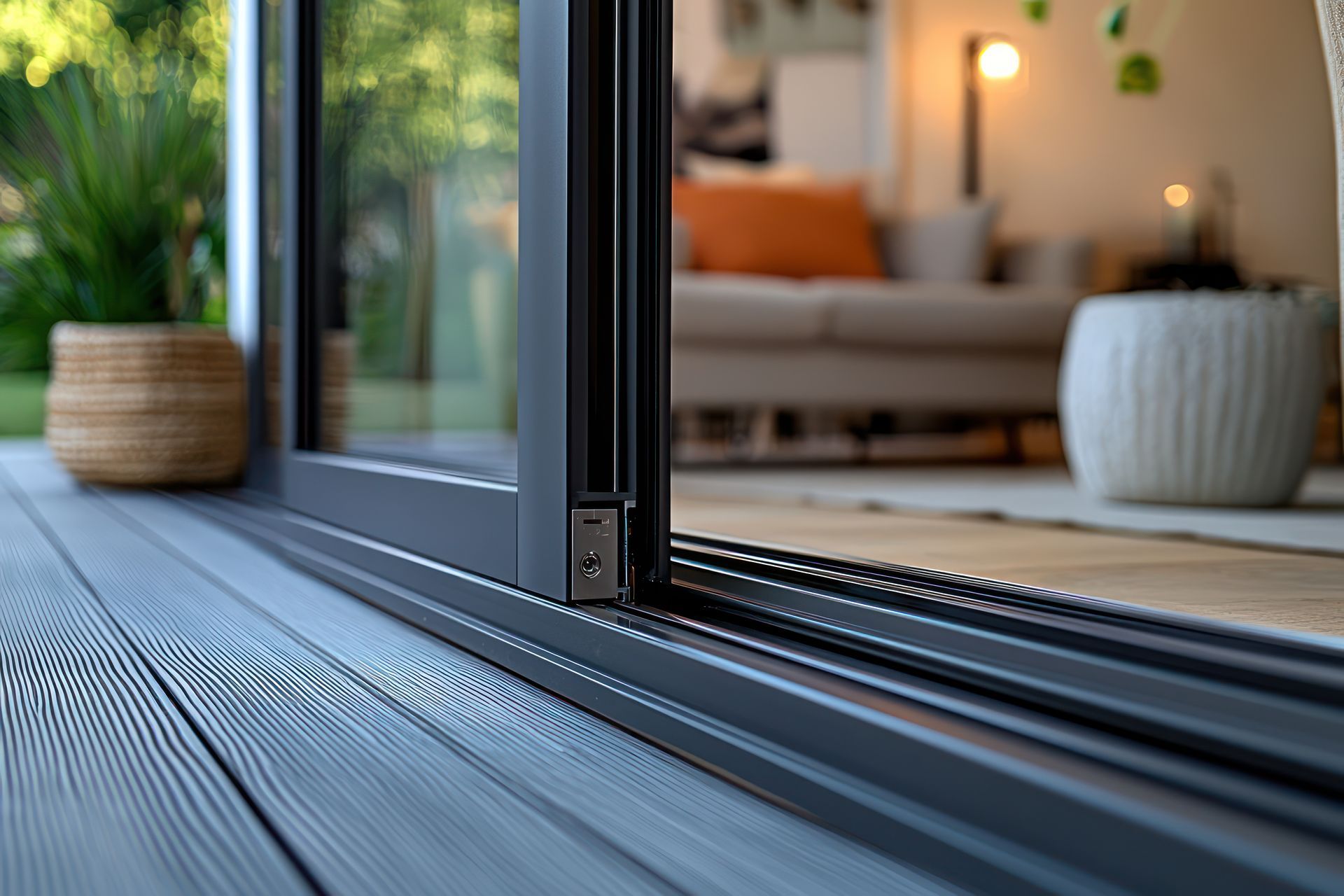Porte coulissante en verre, gros plan. Cadre noir, terrasse grise, salon intérieur visible.