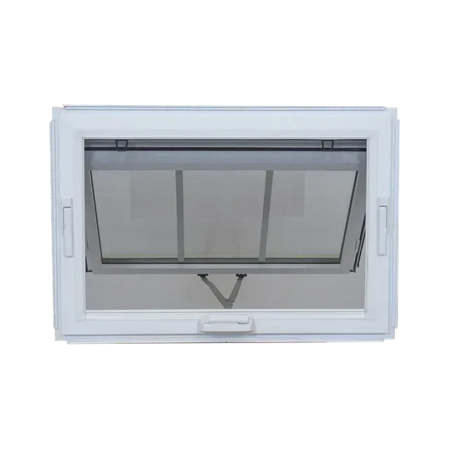 Fenêtre à battant blanche avec moustiquaire noire et poignée.