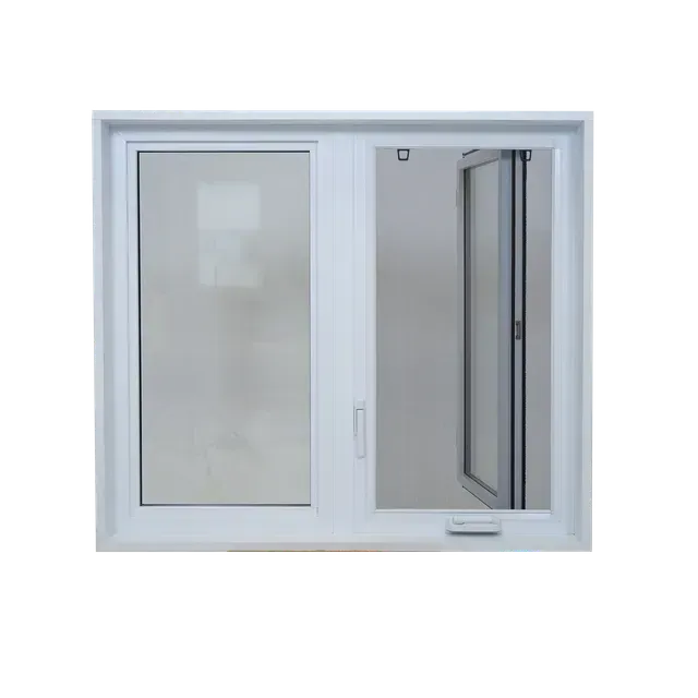 Fenêtre blanche à double vitrage, un côté fermé, l'autre côté ouvert avec moustiquaire.