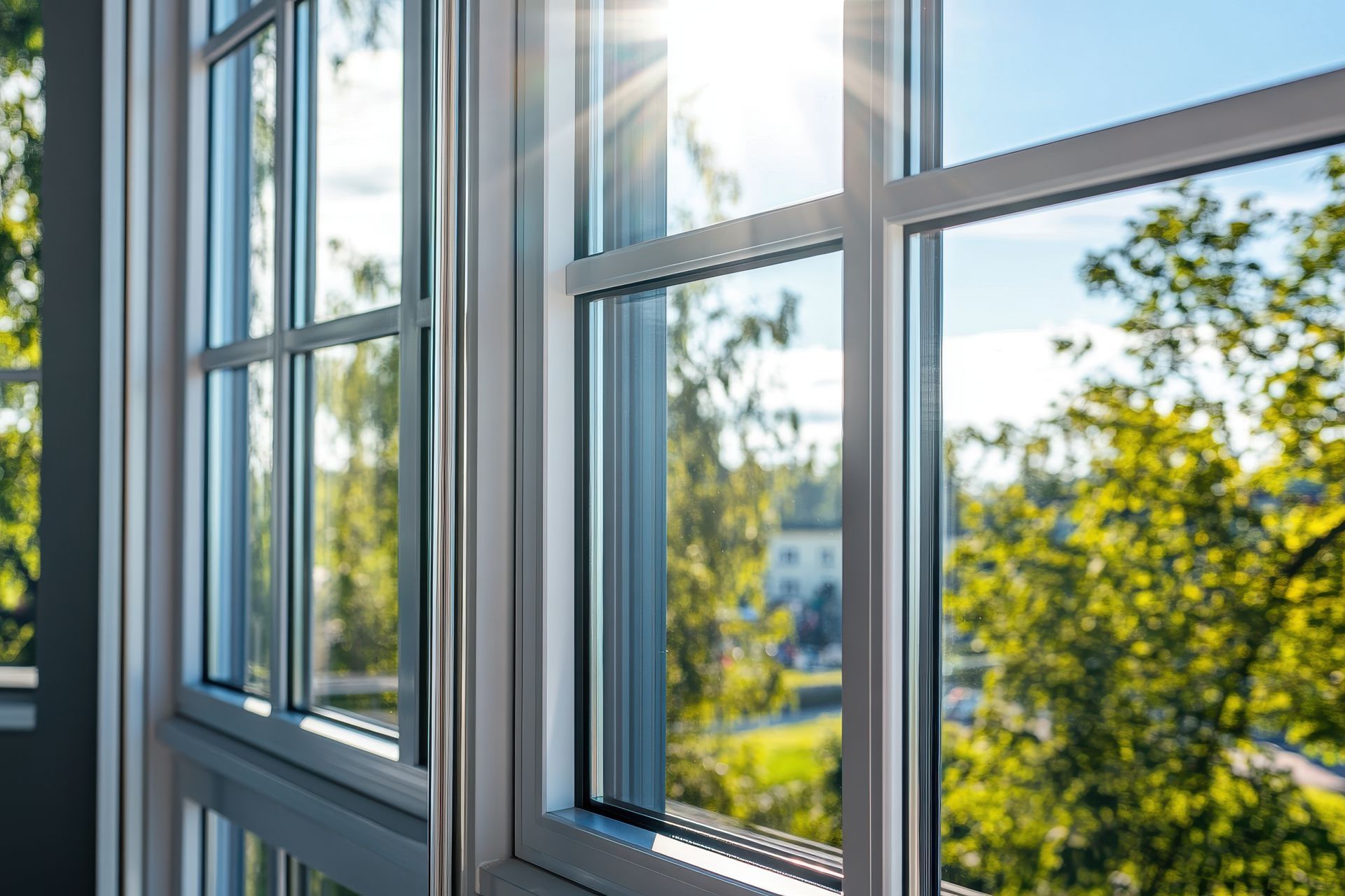 La lumière vive du soleil brille à travers une fenêtre à plusieurs carreaux, illuminant des arbres verts et un bâtiment lointain.