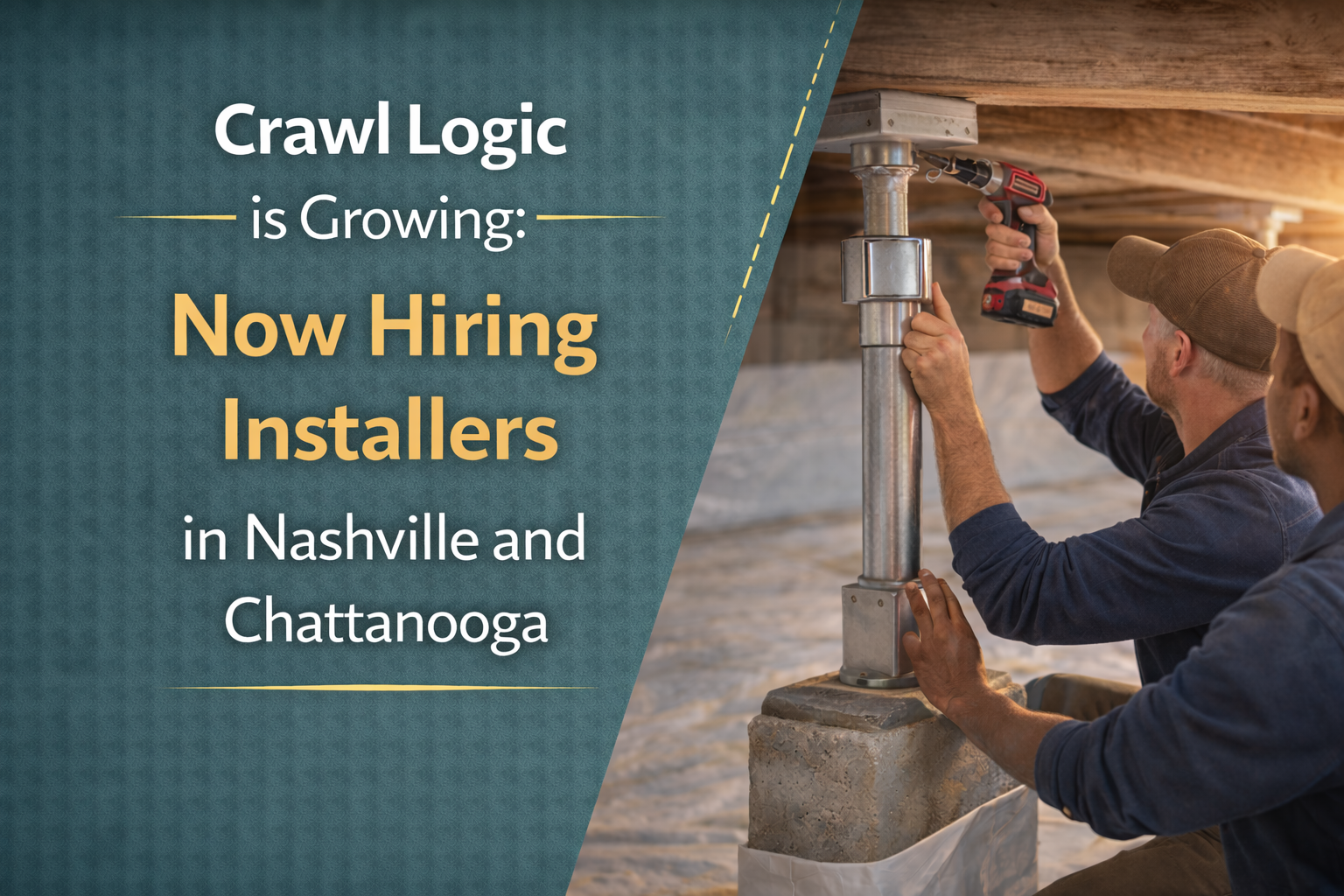 Ad for Crawl Logic: two workers installing a support in a crawl space. Text says