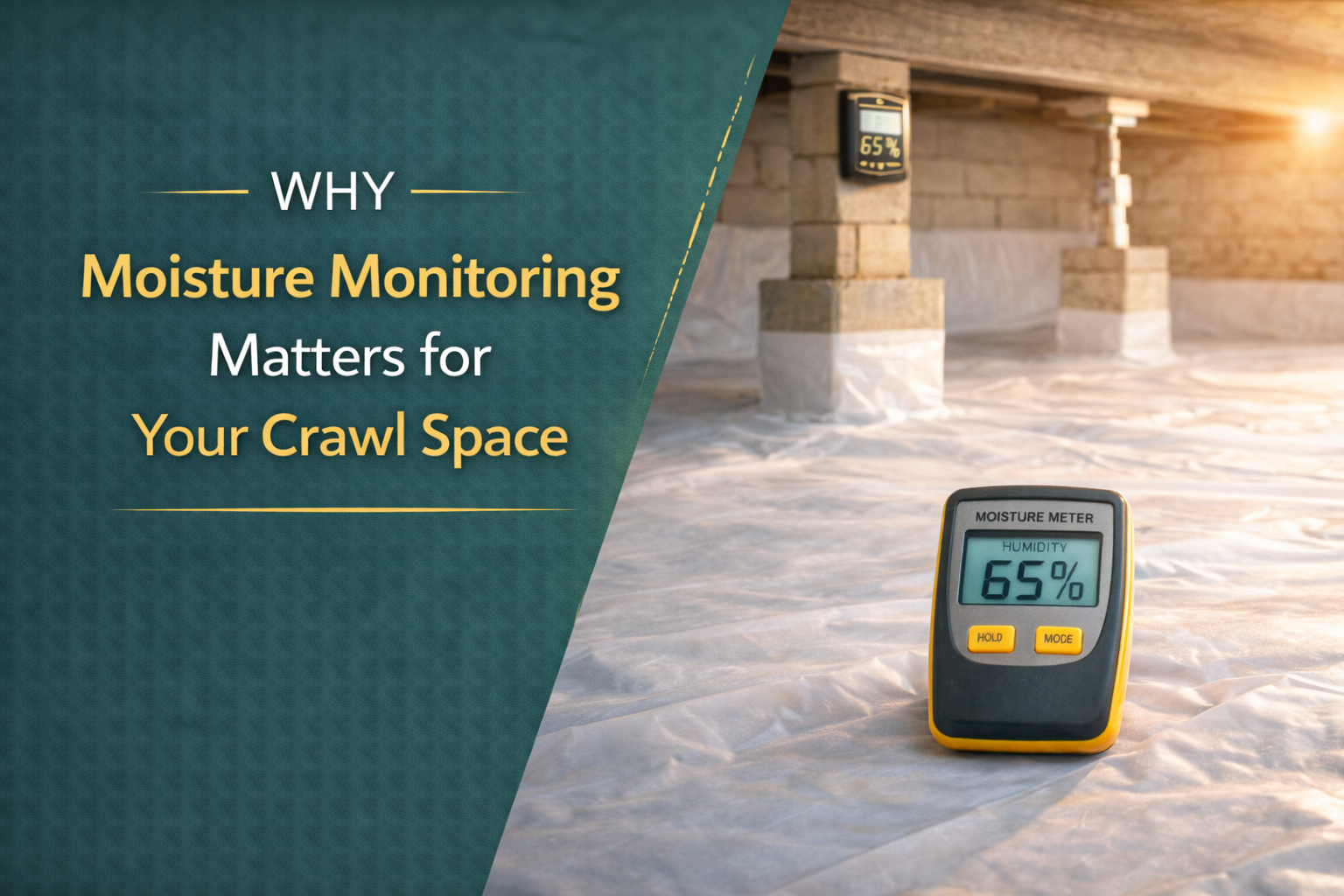 Crawl space with a moisture meter displaying 65%. Text reads: 