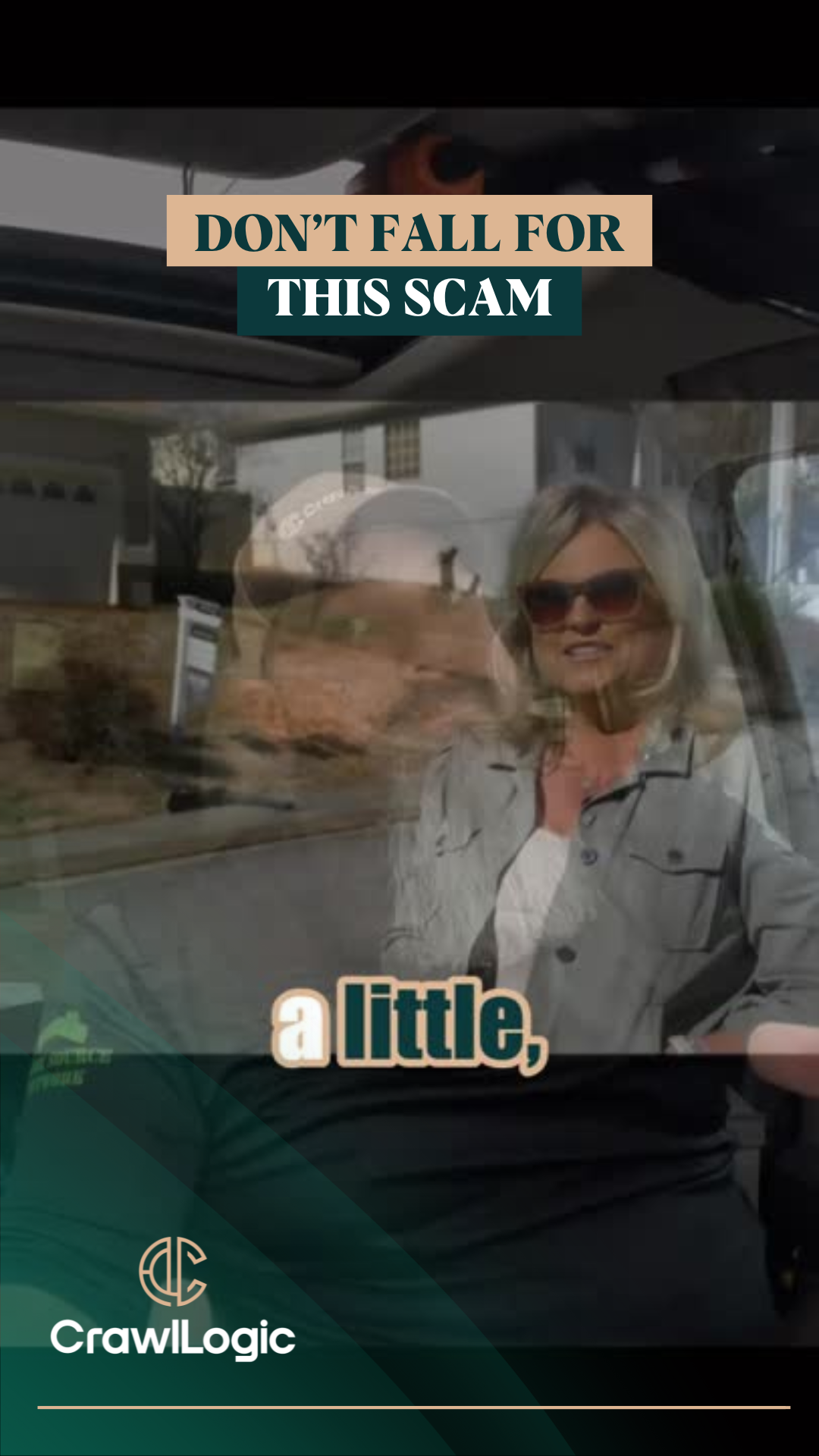 Woman in car, text warns about a scam.